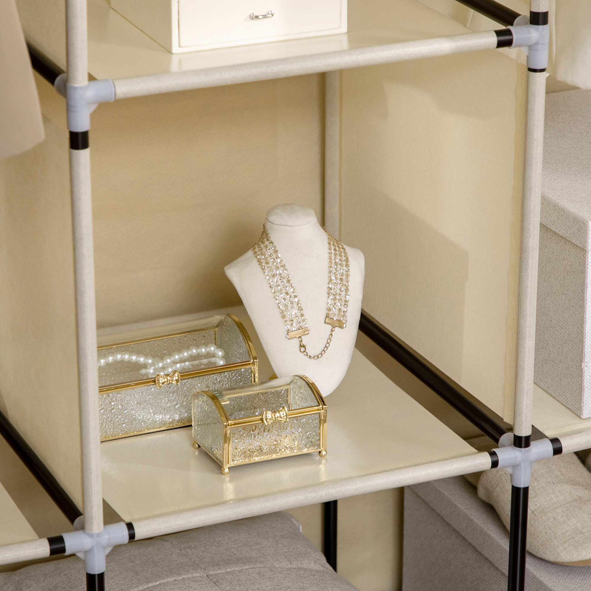 Schrank aus Stoff, Aufbewahrungslösung, 8 Regale, 2 Kleiderstangen, Beige