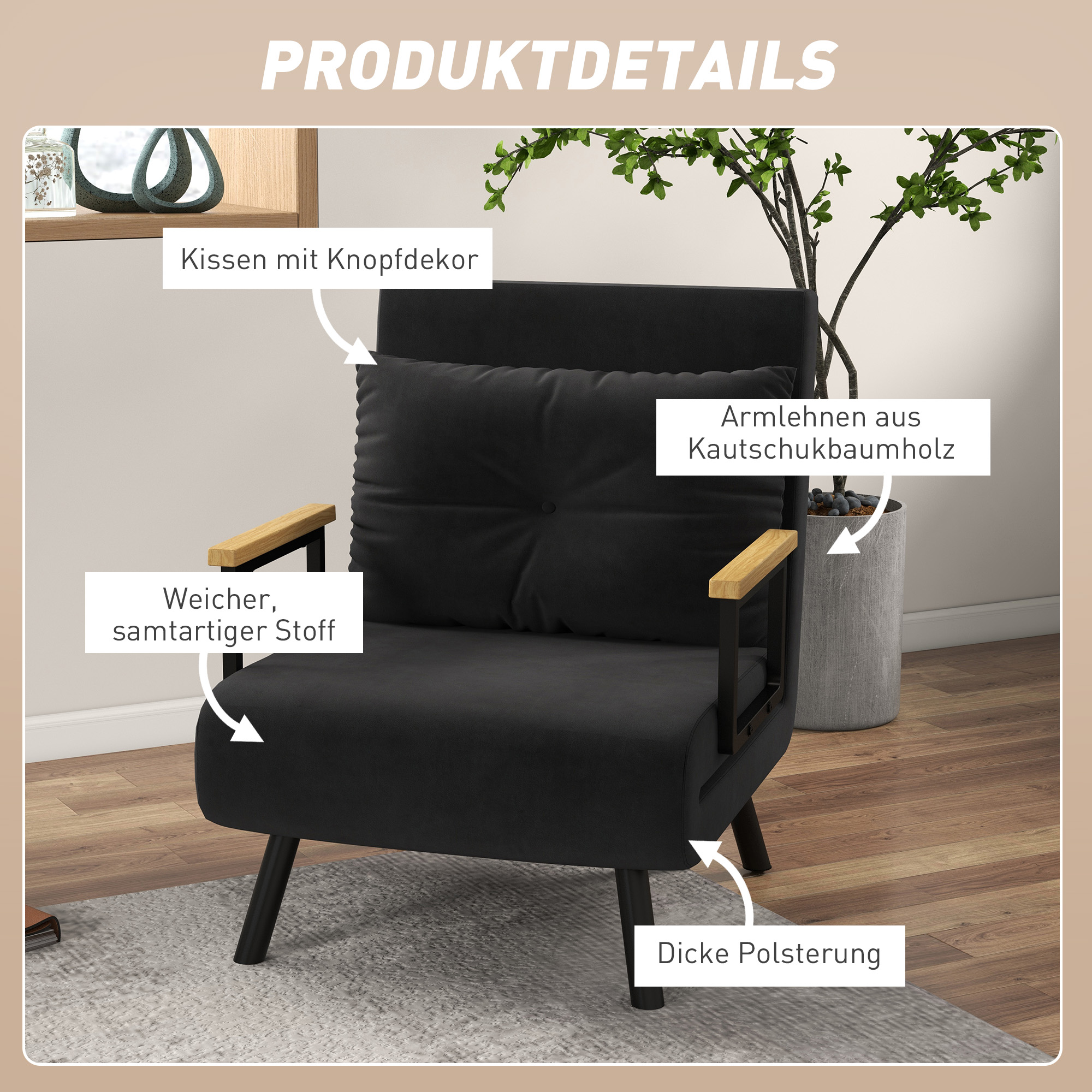 Relaxsessel im Skandidesign, Liegesessel, Lesesessel. ink. Kissen mit Knopfhefung, Schwarz