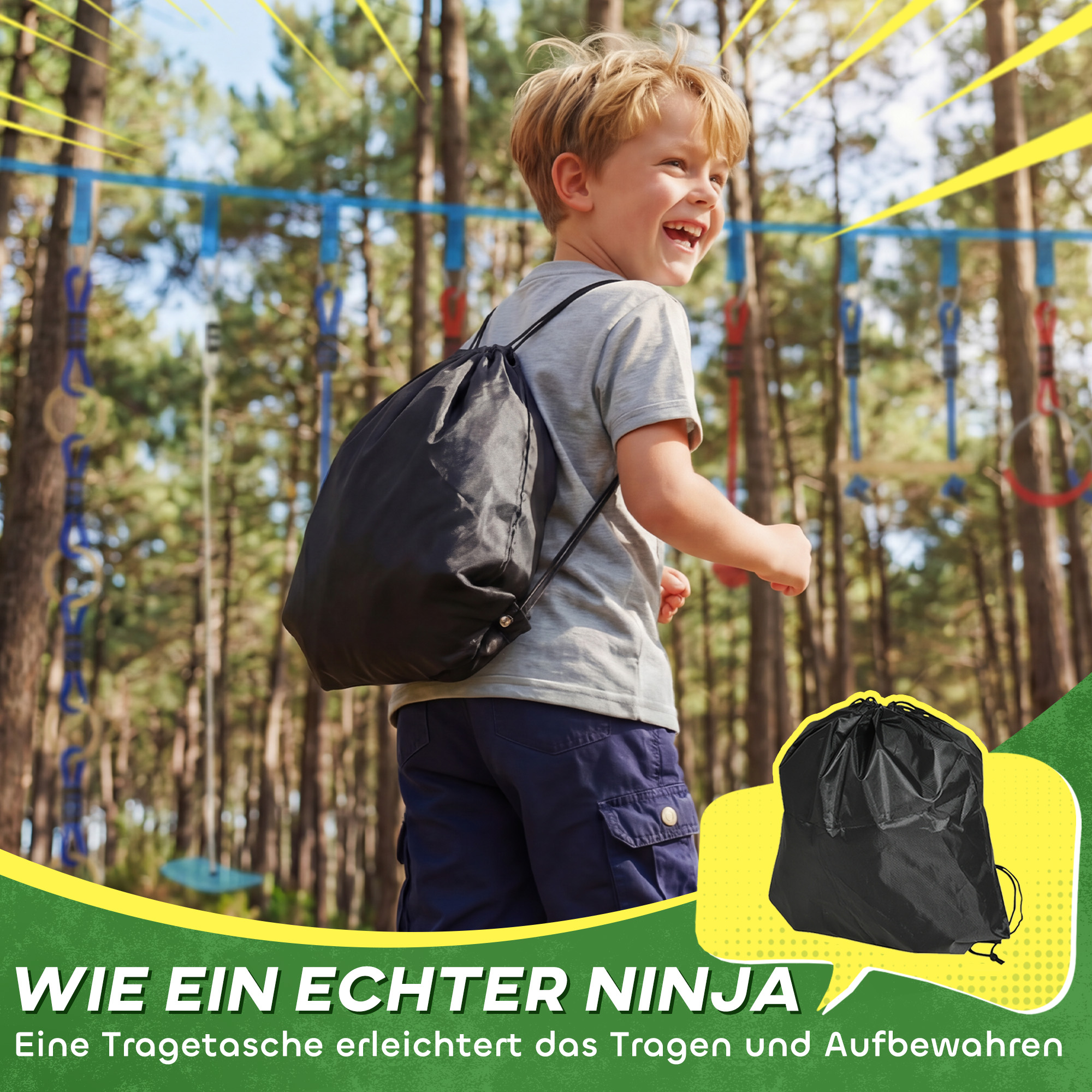 Ninja Line Kinder 10m 9-teilig Slackline Set mit 2 Turnringe 3-in-1 Schaukel 2 Kletterstange für 3-8 Jahre Mehrfarbig