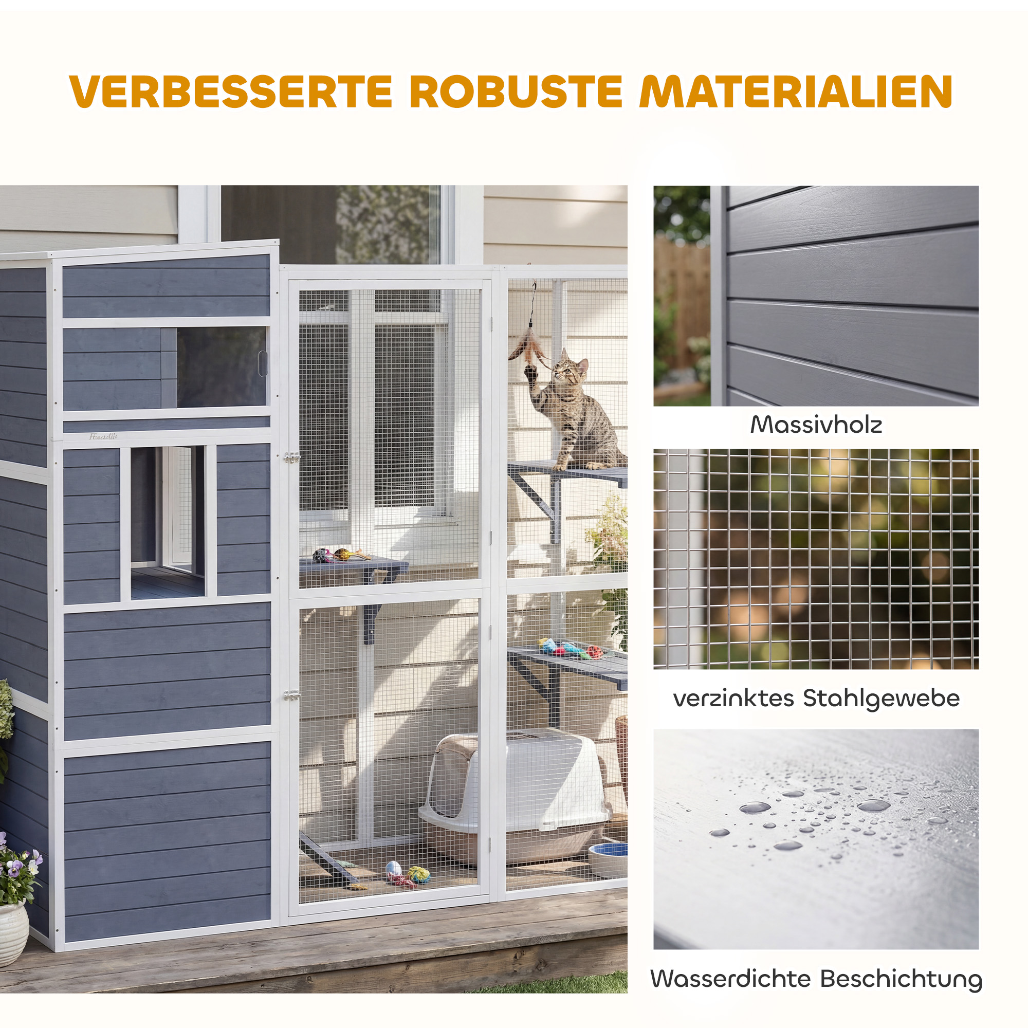 Katzengehege Outdoor Katzenhaus aus Holz mit 3 Plattformen wetterfest Dach Ruhebereich für 3-4 Katze bis 10 kg Grau