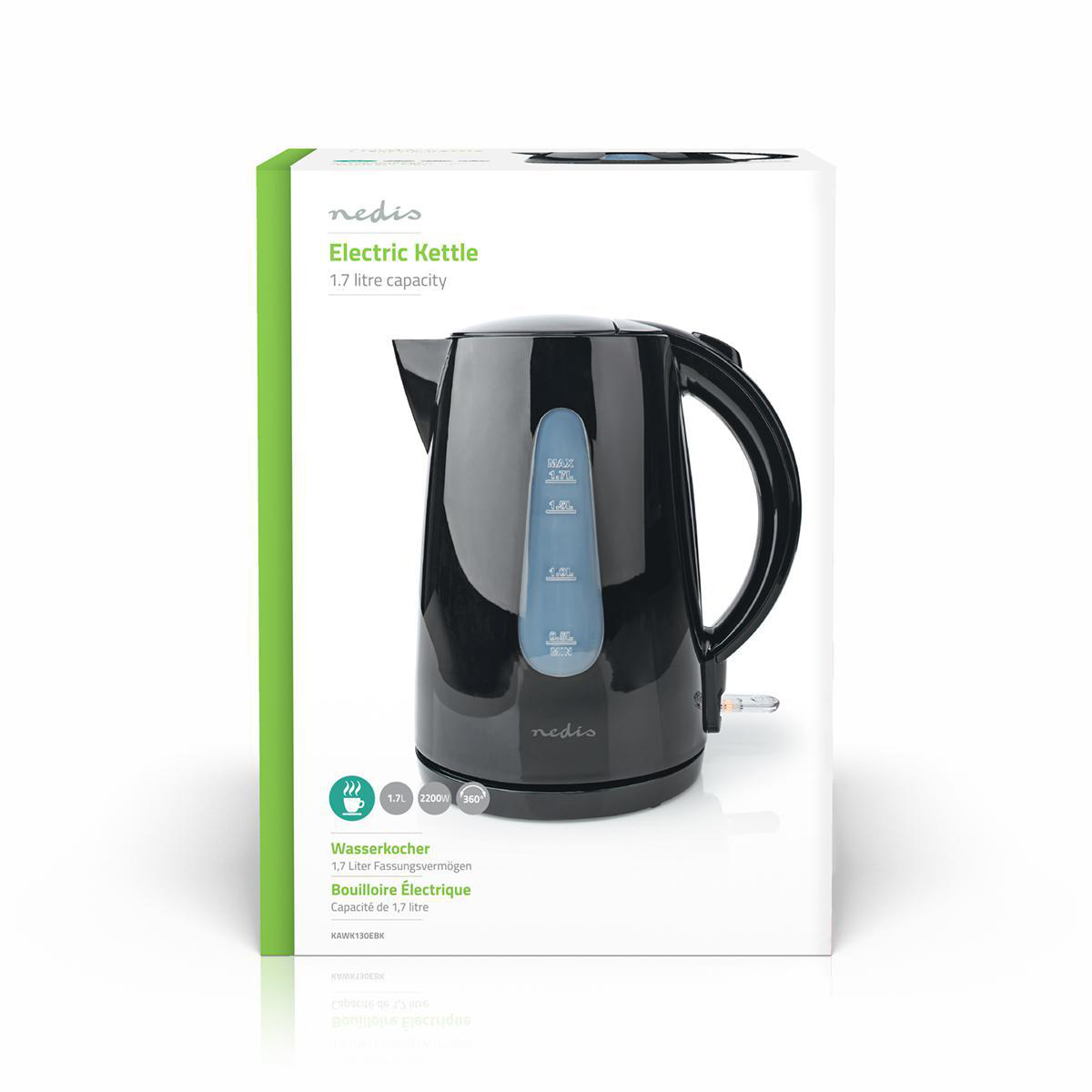 Wasserkocher | 1.7 l | Plastik | schwarz | Um 360 Grad drehbar | Verdecktes Heizelement | Strix Controller | Boil-dry protection