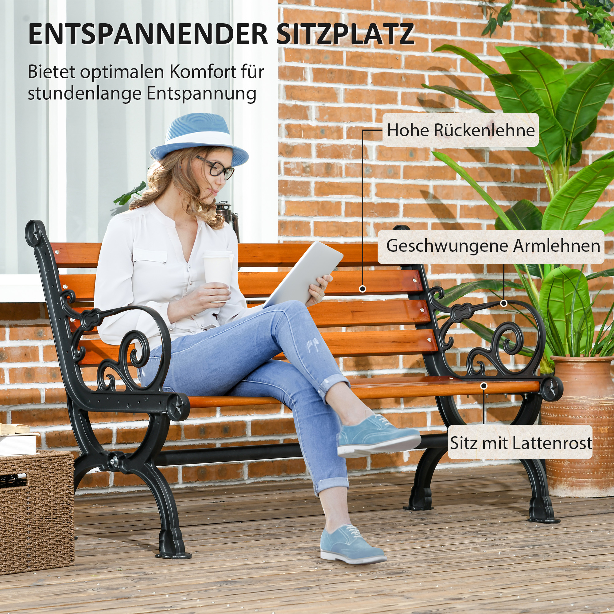 Sitzbank für 2 Personen, dekorative Armlehnen, für Garten & Terrasse, Gussaluminium+Naturholz, 120 x 64 x 79 cm, Teak