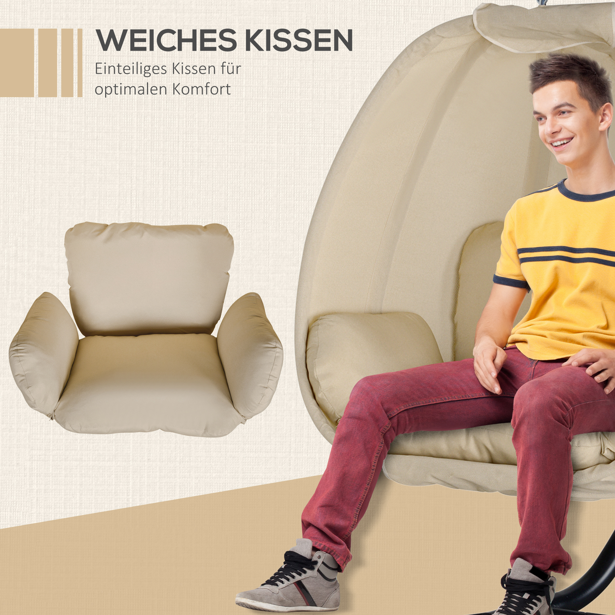 Hängesessel, Eiförmiger Schaukelsitz mit weichem Kissen, für drinnen und draußen geeignet, 125L x 95B x 170H cm, Khaki