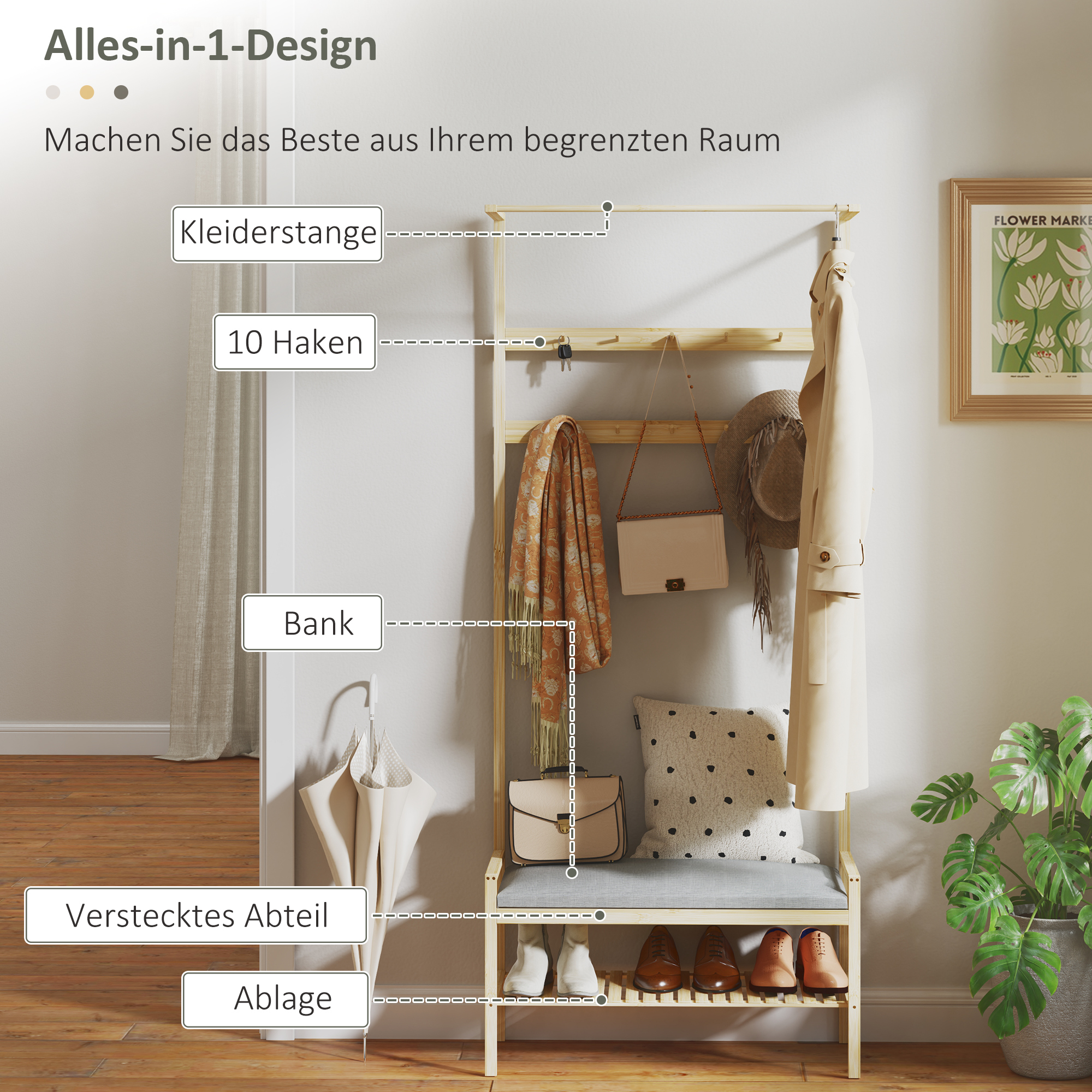 Garderobe mit Schuhbank, Kleiderstange, 10 Kleiderhaken, Schuhablage, Bambus