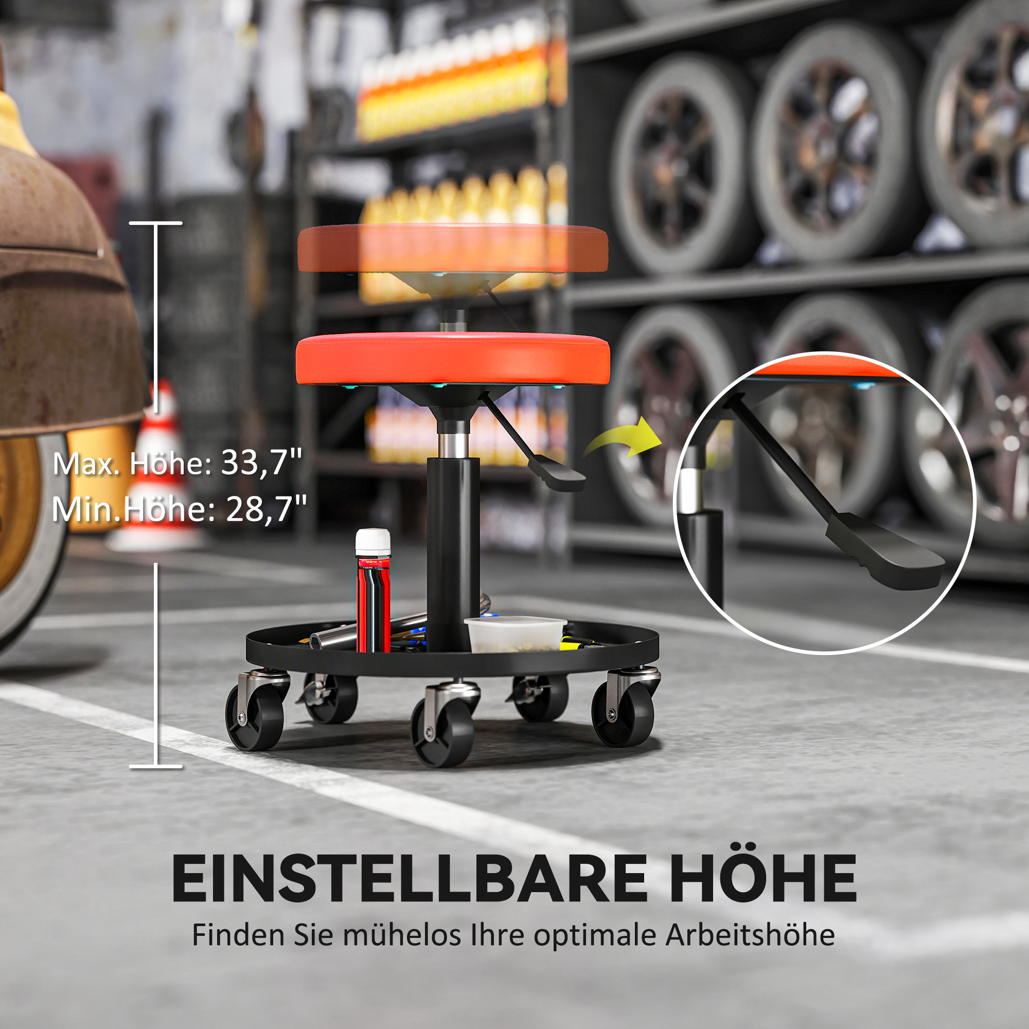 Werkstatthocker mit Rollen Ablagefläche höhenverstellbar 38-50cm bis 135 kg belastbar Orange