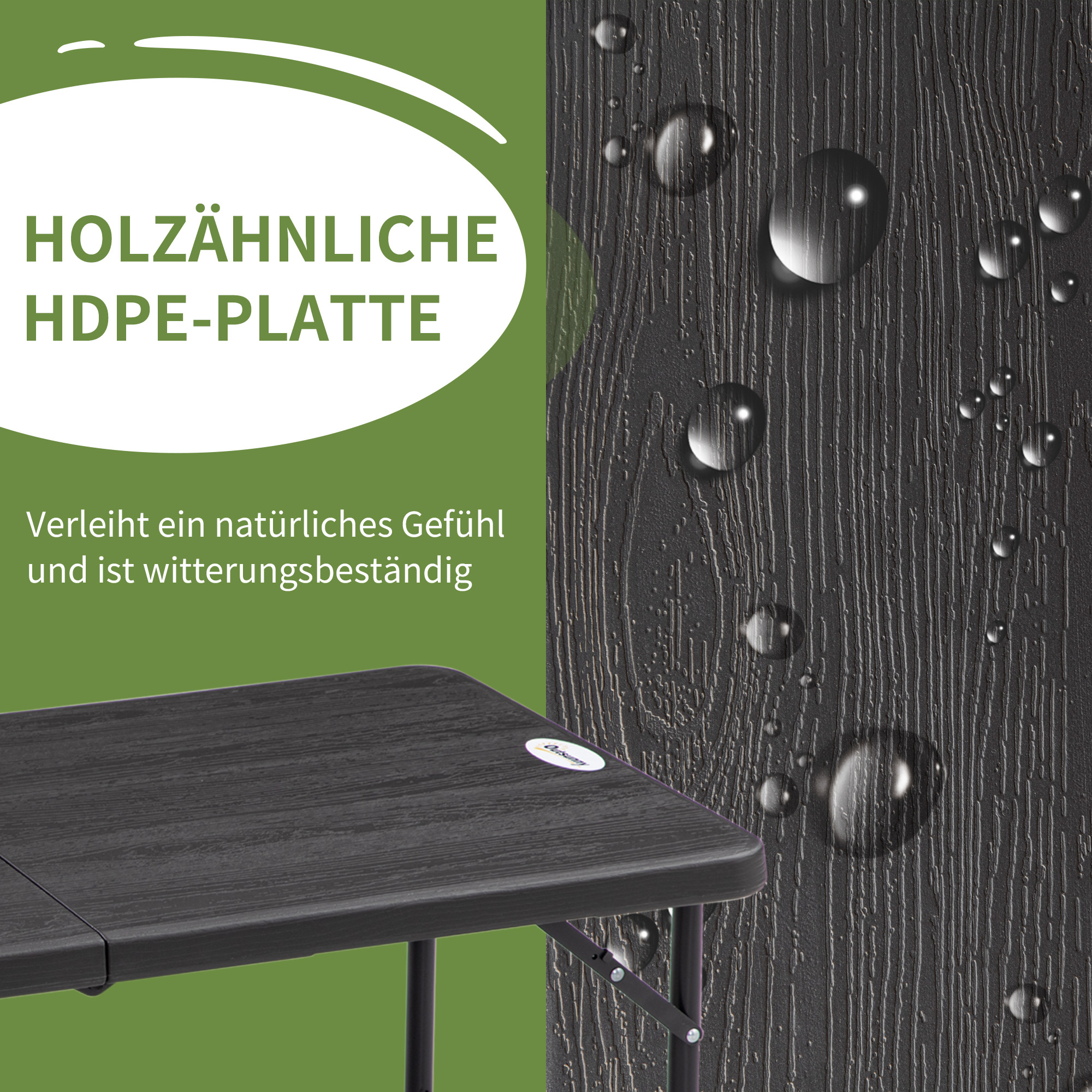 Outdoortisch, Gartentisch, für 4 Pers,, klappbar, höhenverstellbar, Holzoptik, grau+schwarz, 118 x 60 x 74 cm