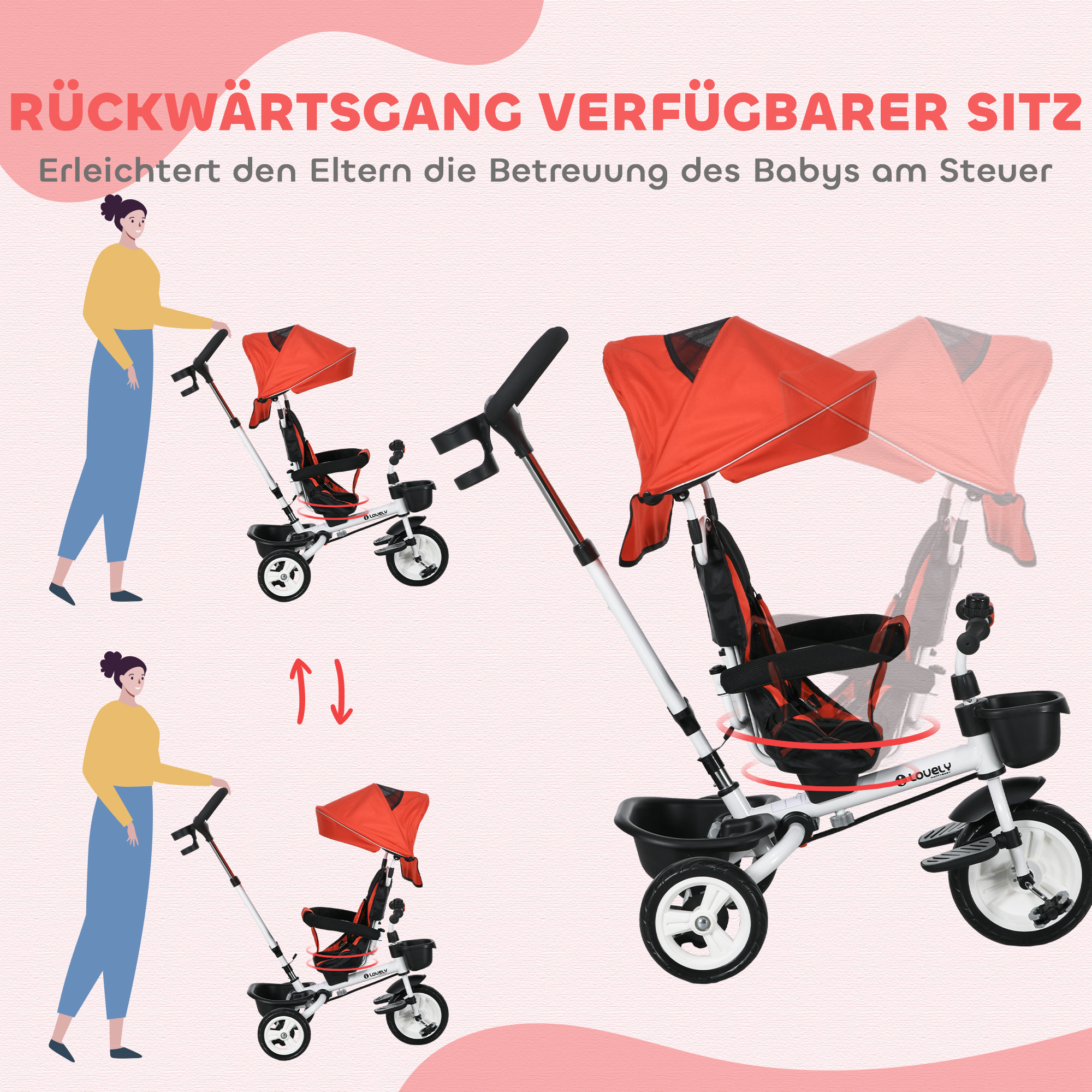 6-in-1 Kinderdreirad mit Schiebestange, Dach, Gurt, Ablagekorb, 18+ Monate, Rot