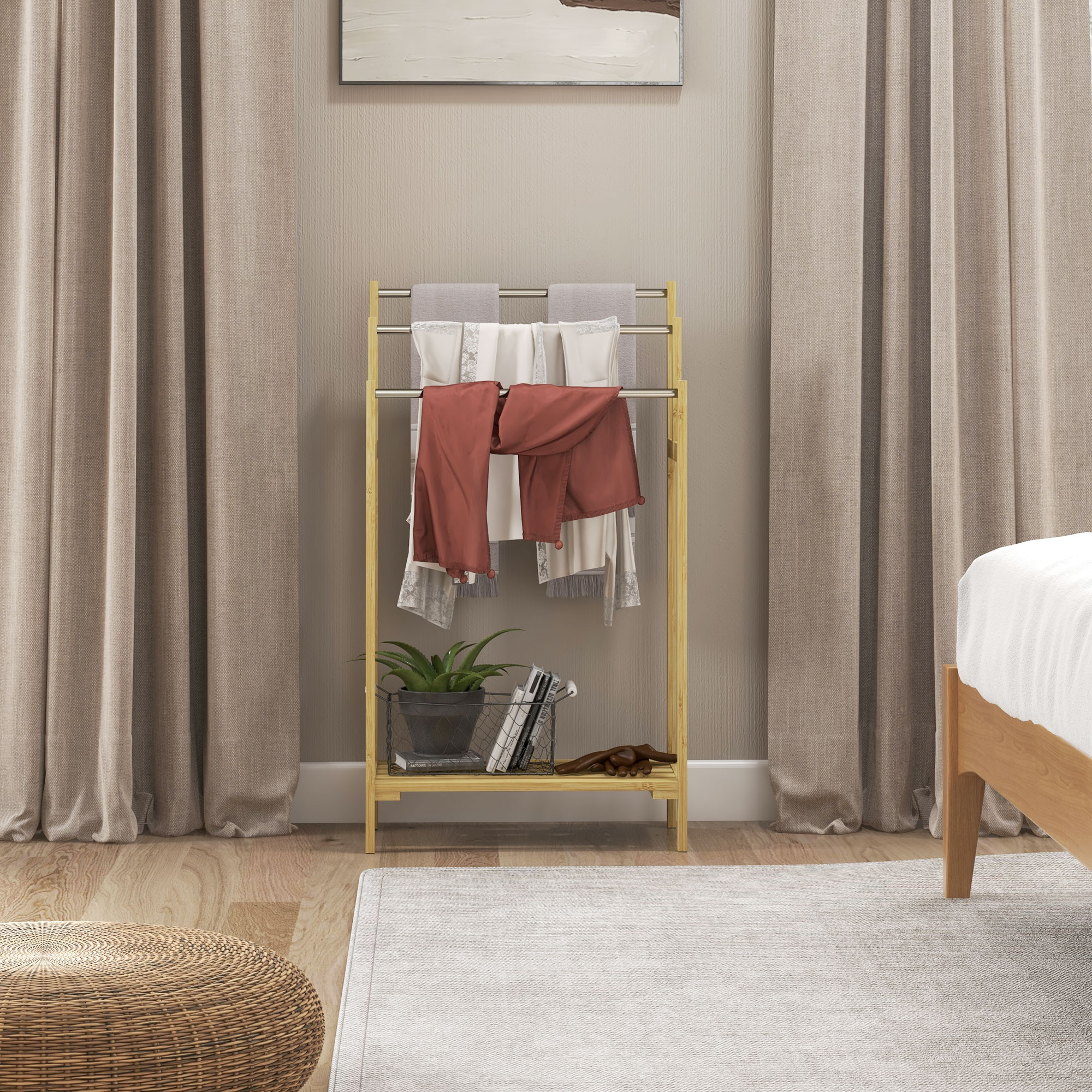 Handtuchhalter, freistehend, 3 Stangen, Bambus/Edelstahl, 50,5x31x90cm