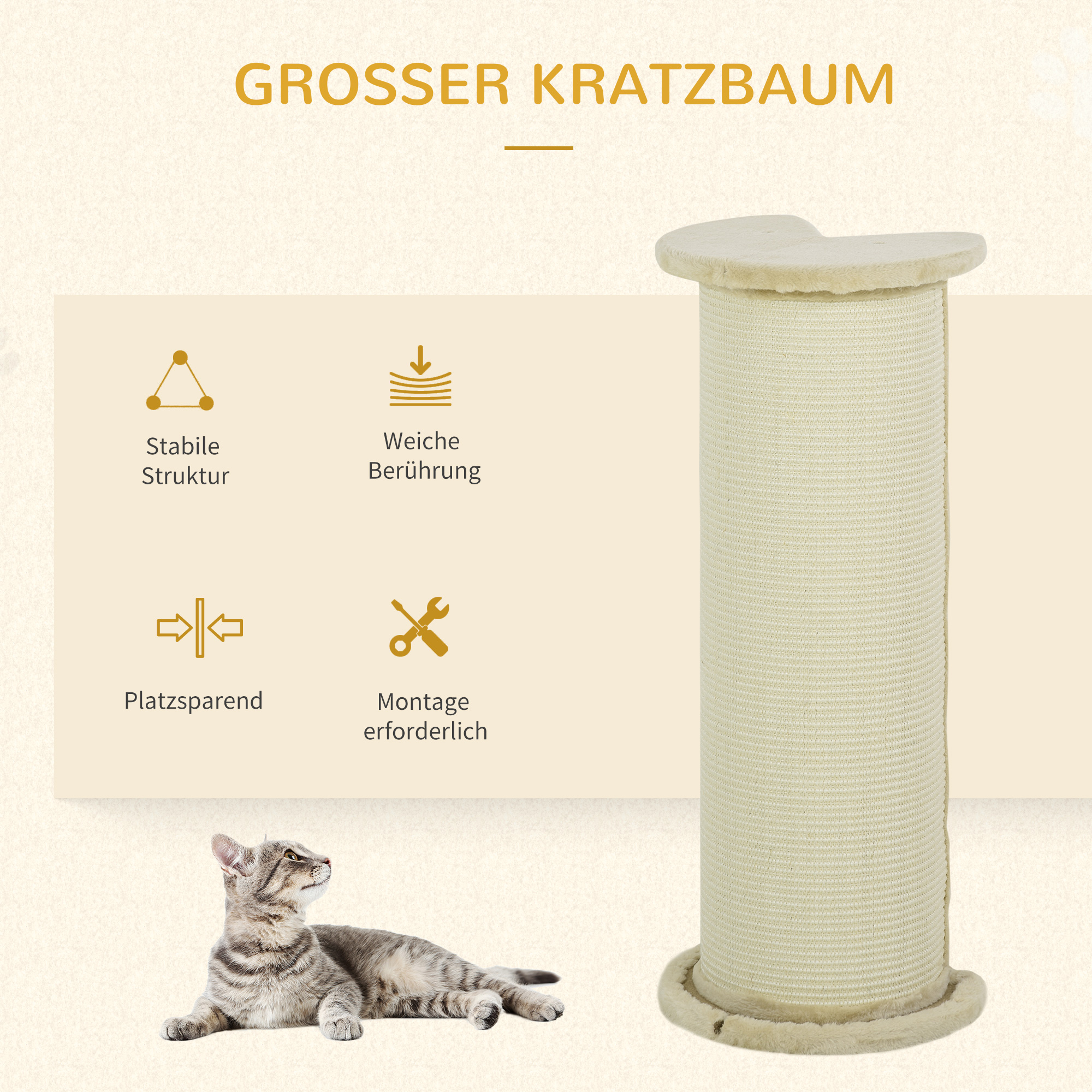 Kratzbrett für Katzen, Eckdesign, platzsparend, 35 cm x 35 cm x 85 cm, Cremeweiß