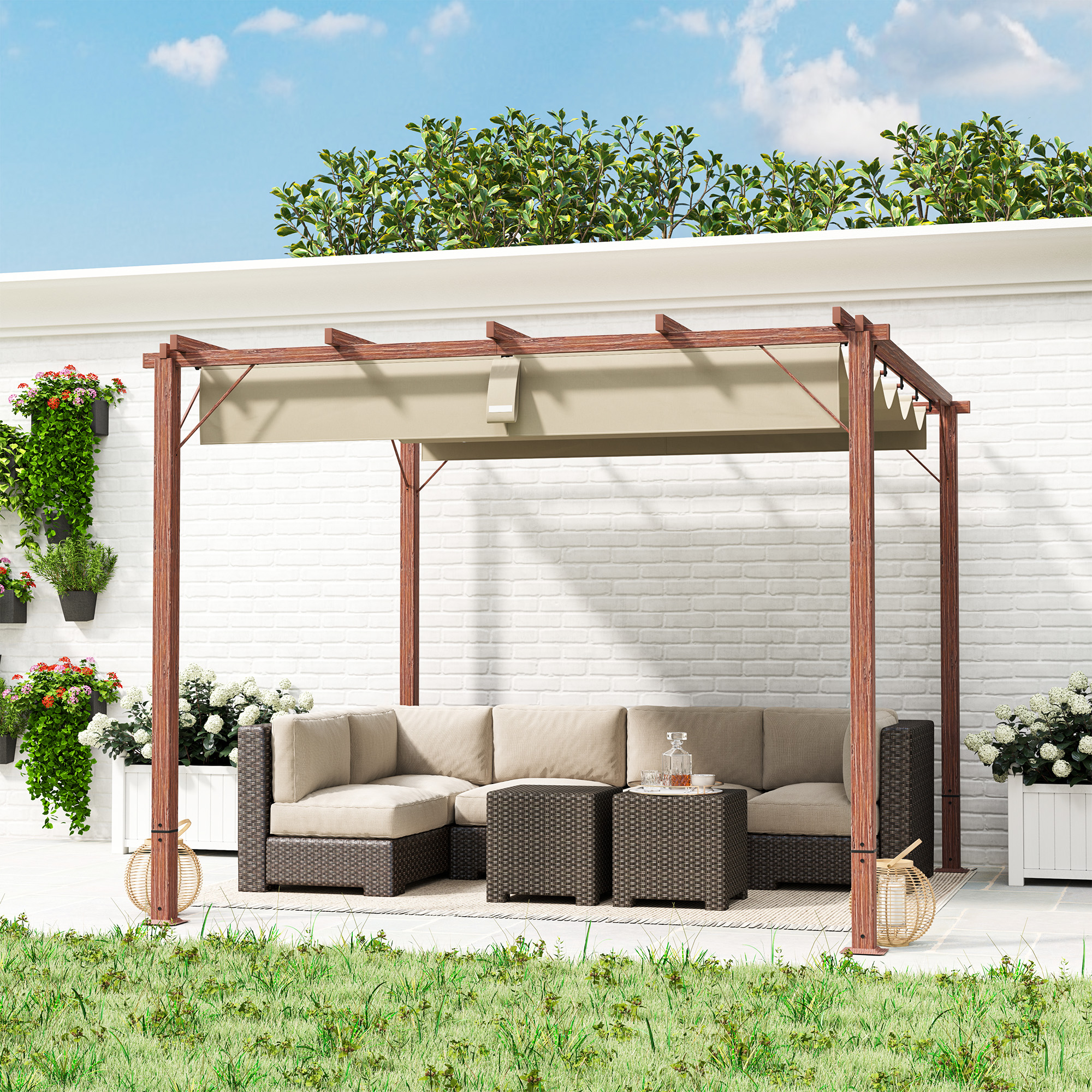 3 x 3 m Garten-Pergola, Verstellbares Terrassendach, Aluminium-Rahmen, UPF30+ Sonnenschutz, Naturholz