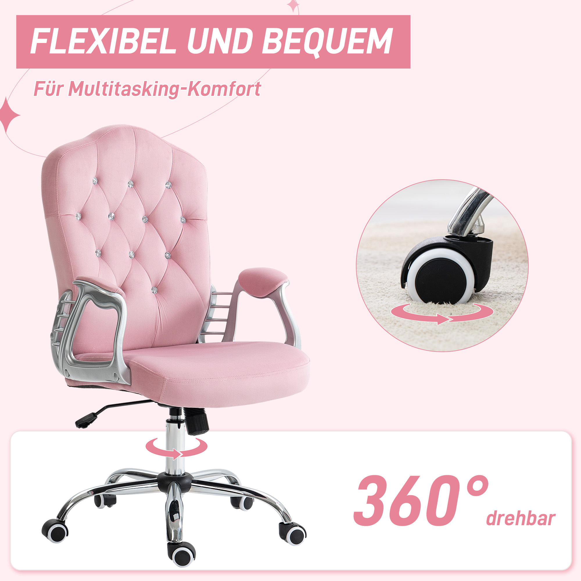 Bürostuhl, neigbare Lehne, höhenverstellbar, Samtoptik, bis 120 kg, Rosa
