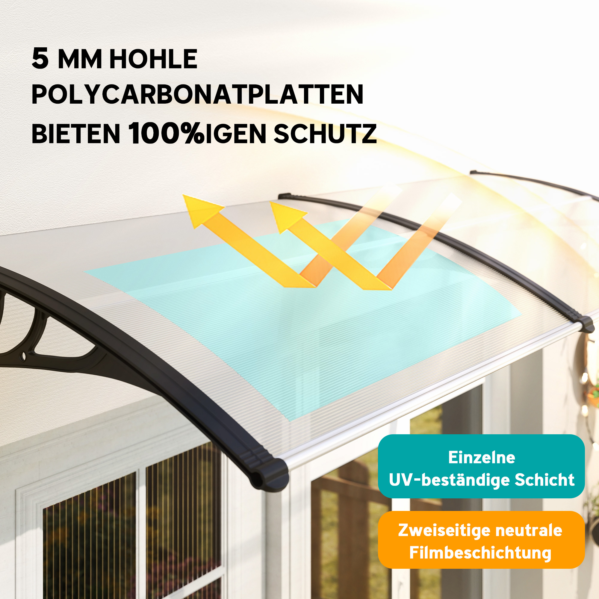 Pultvordach Vordach für Haustür 75x195x23 cm Überdachung 5mm Polycarbonat Sonnenschutz Regenschutz für draußen Alu Transparent