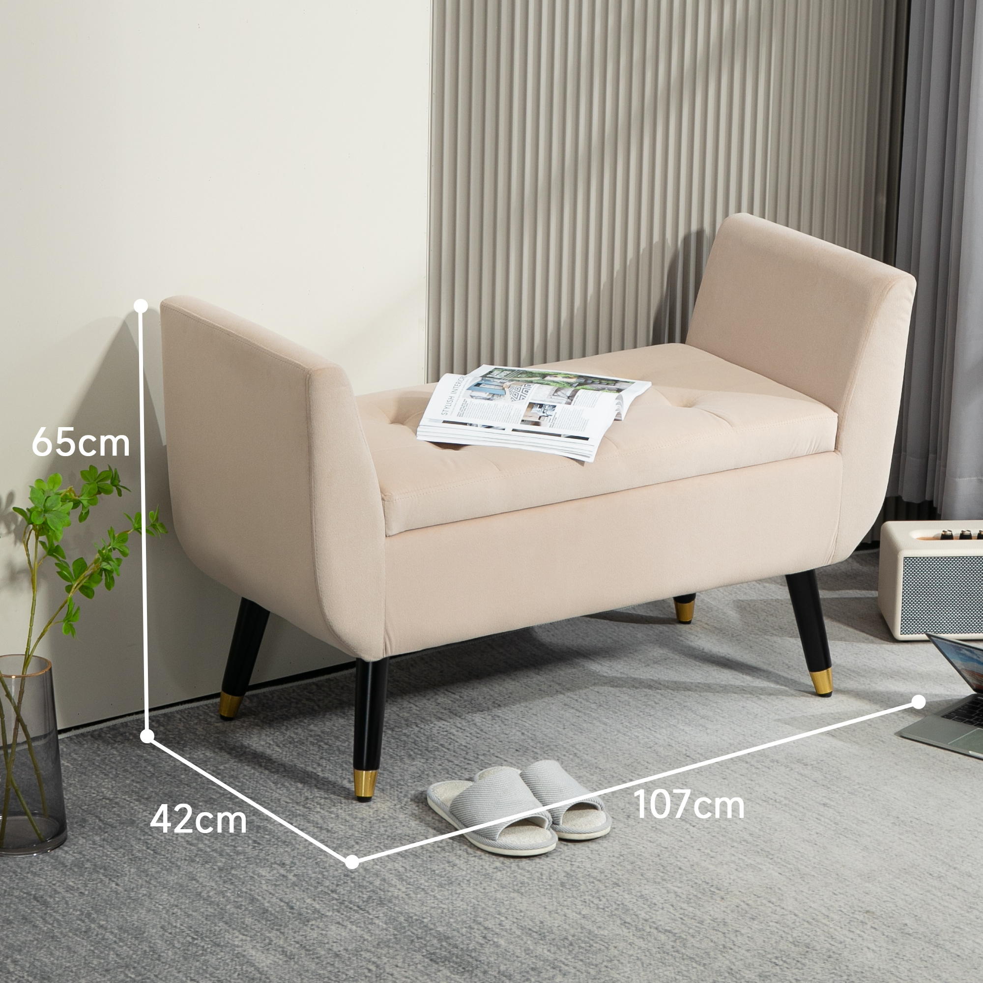 Polsterbank mit Stauraum, Armlehnen, Samtartiges Polyester, Kautschukholz, 107 x 42 x 65 cm, Beige