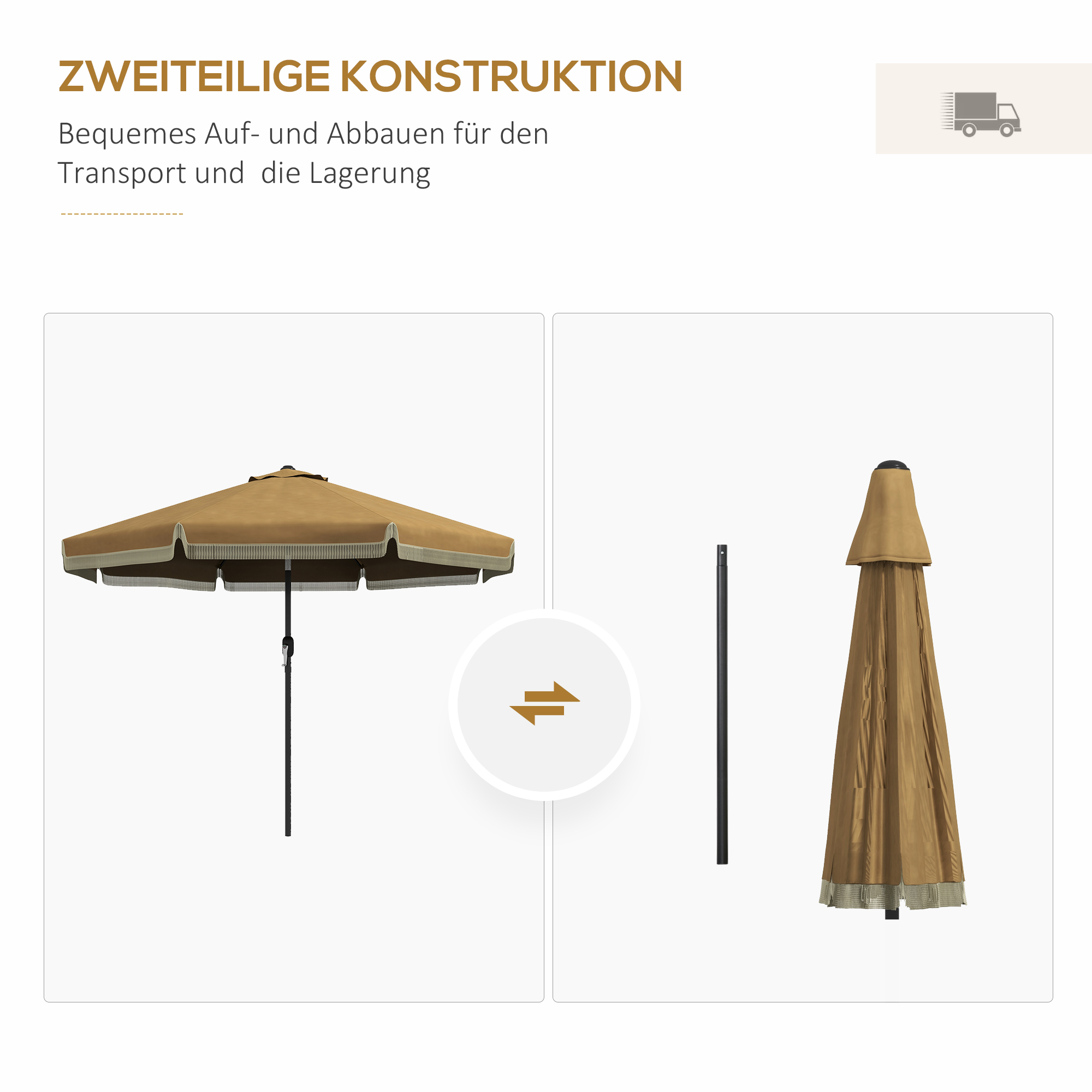 Sonnenschirm mit Fransendekor, Ø265 cm, neigbar, zweiteiliger Metallmast, Windhaube, Khaki/Schwarz