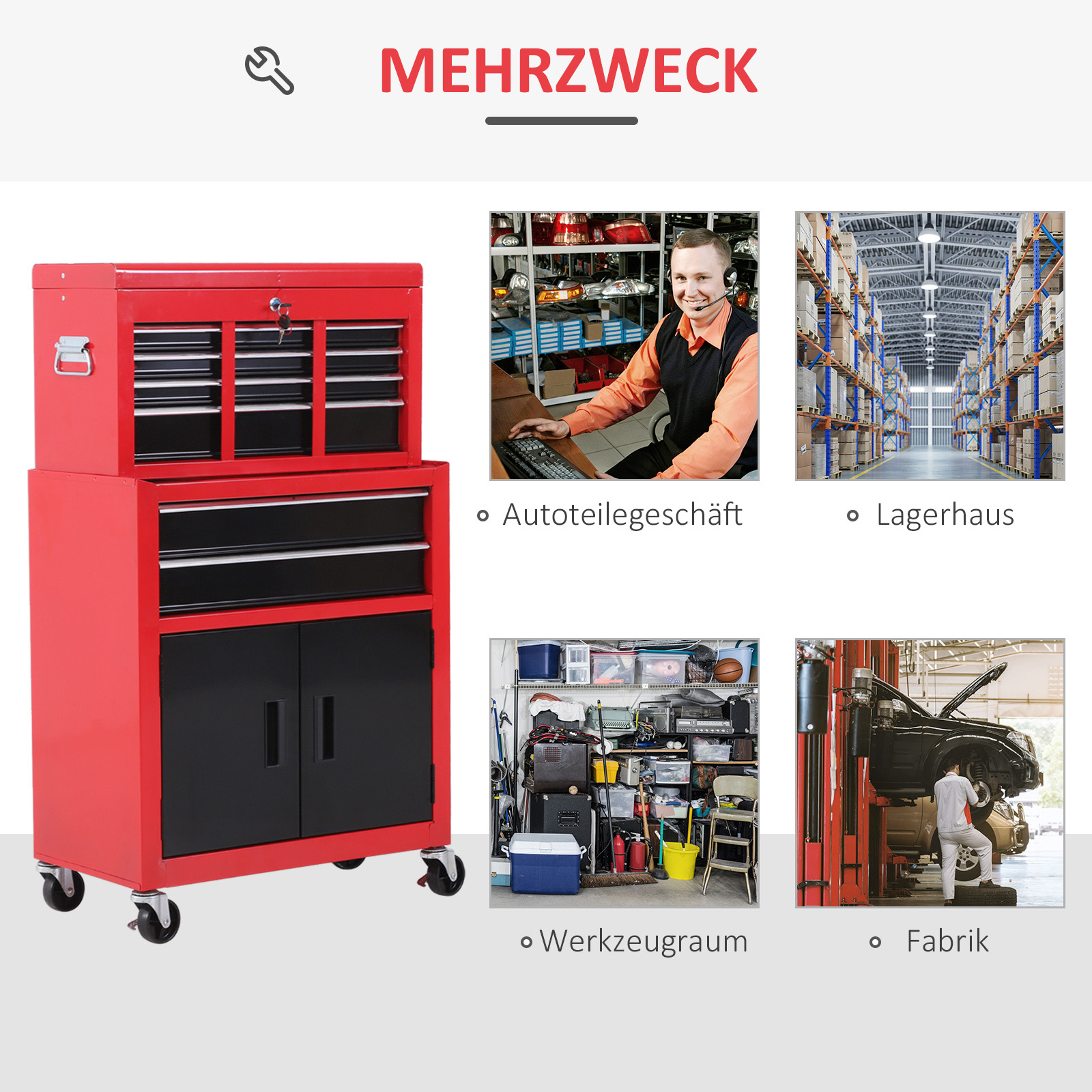 Werkzeugschrank mit Werkzeugkiste, rollbar, 6 Schubladen, Metall, Rot