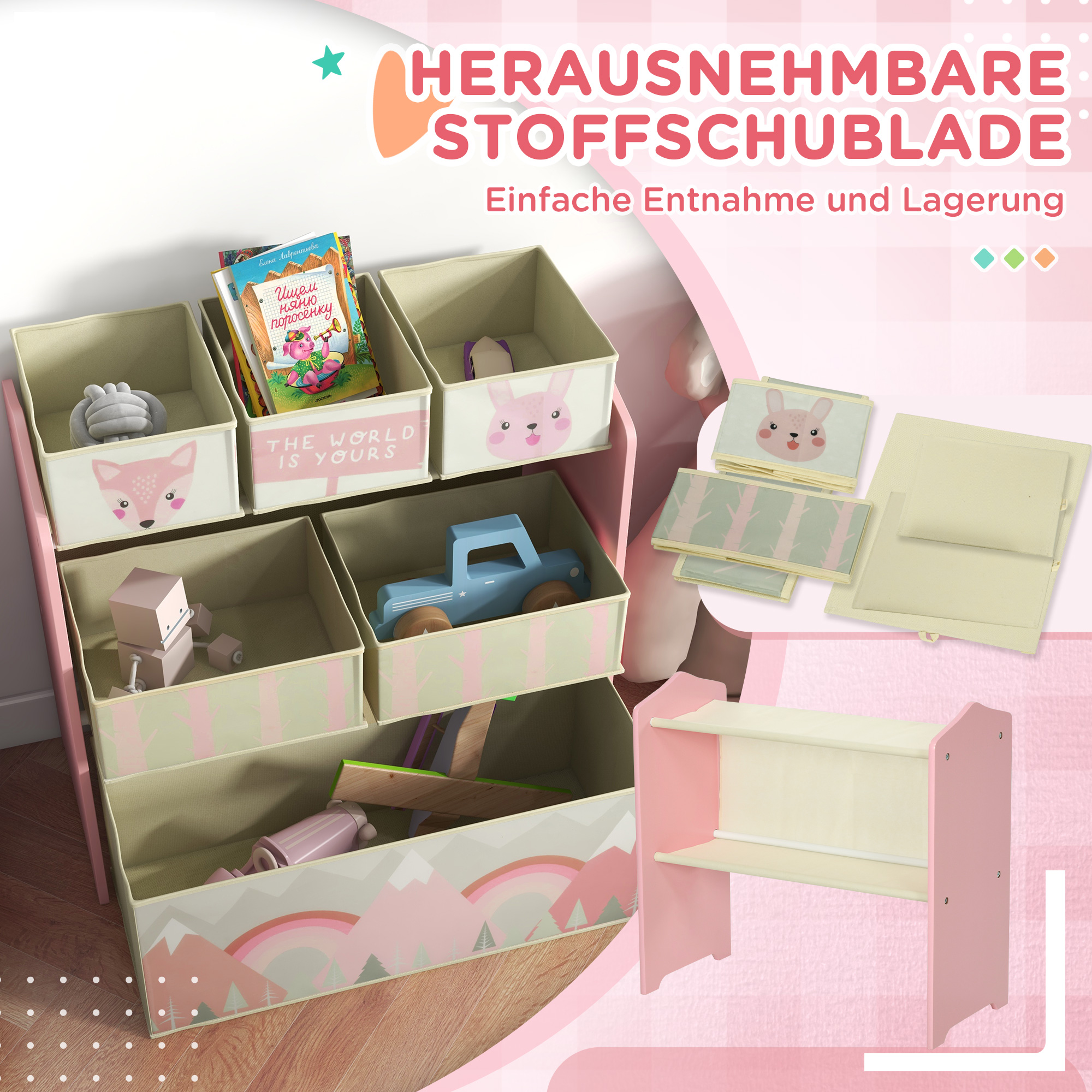 Kinderschrank mit 6 Stoffboxen, niedliches Motiv, 63x30x66 cm, Rosa