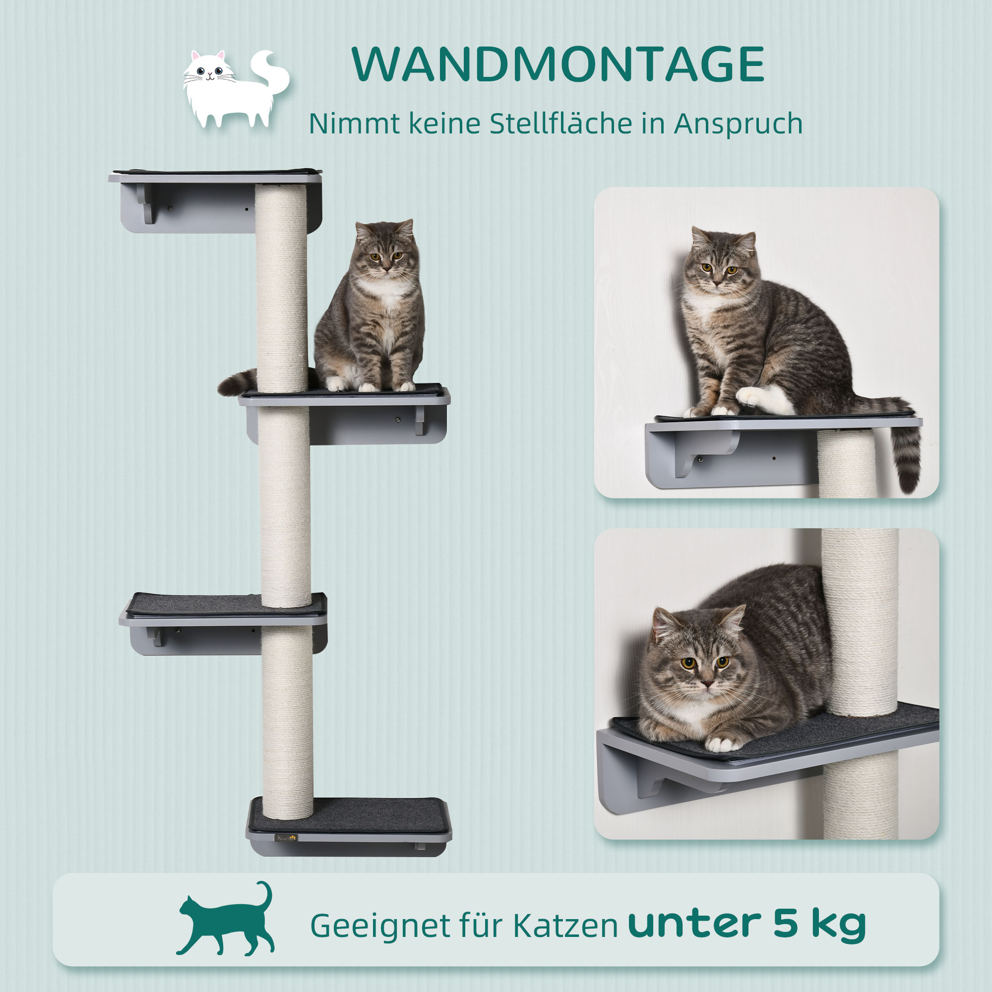 Wandkratzbaum Katzen-Kletterwand Kratzbaum Katzenmöbel für die Wand Kletterspaß für Katzen Wandmontage Holz Hellgrau+Beige 66 x 28 x 137 cm