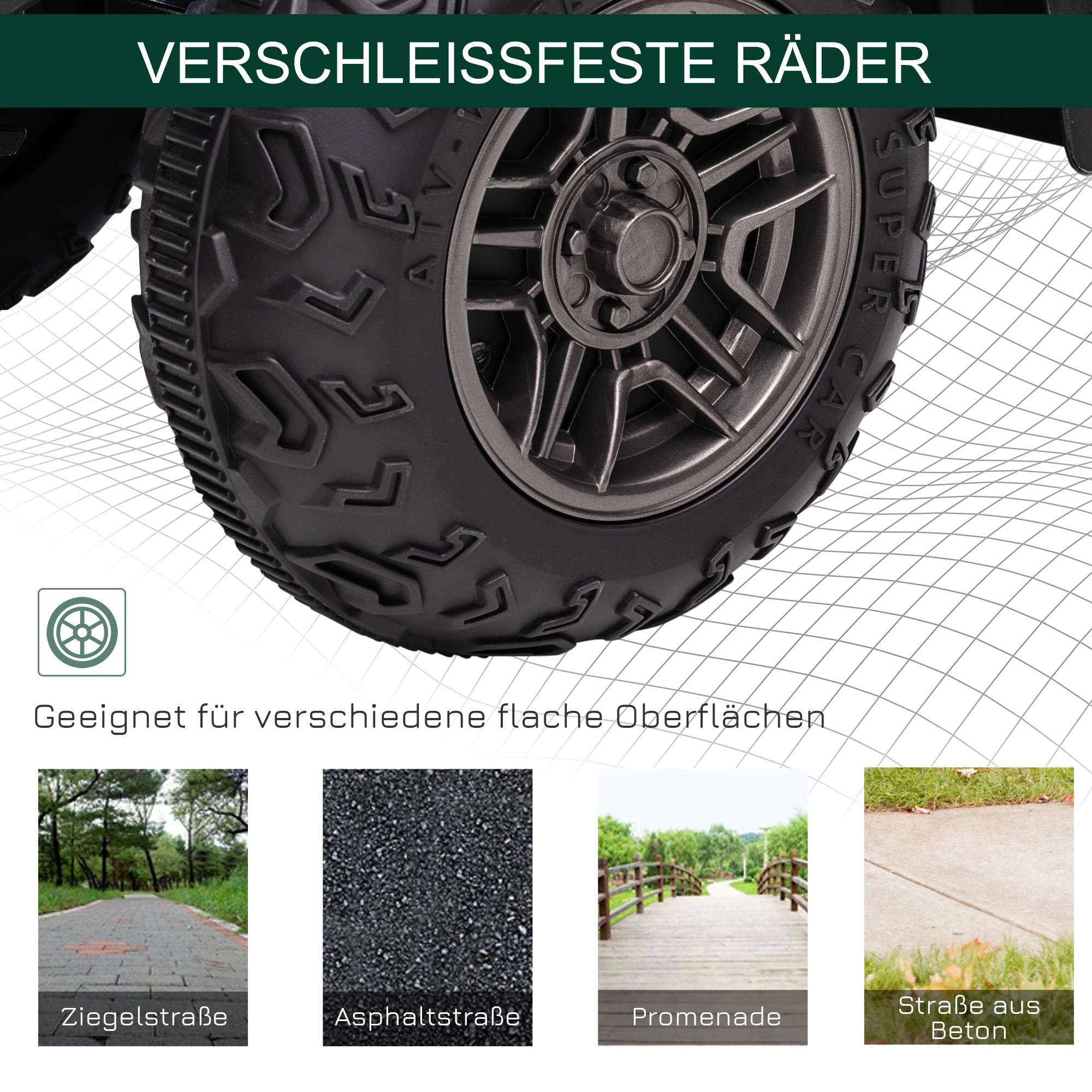 Kinderquad, max, 4 km/h, ab 3 Jahren, LED-Scheinwerfer, Musikanschluss, schwarz+grün 88 x 45 x 50 cm