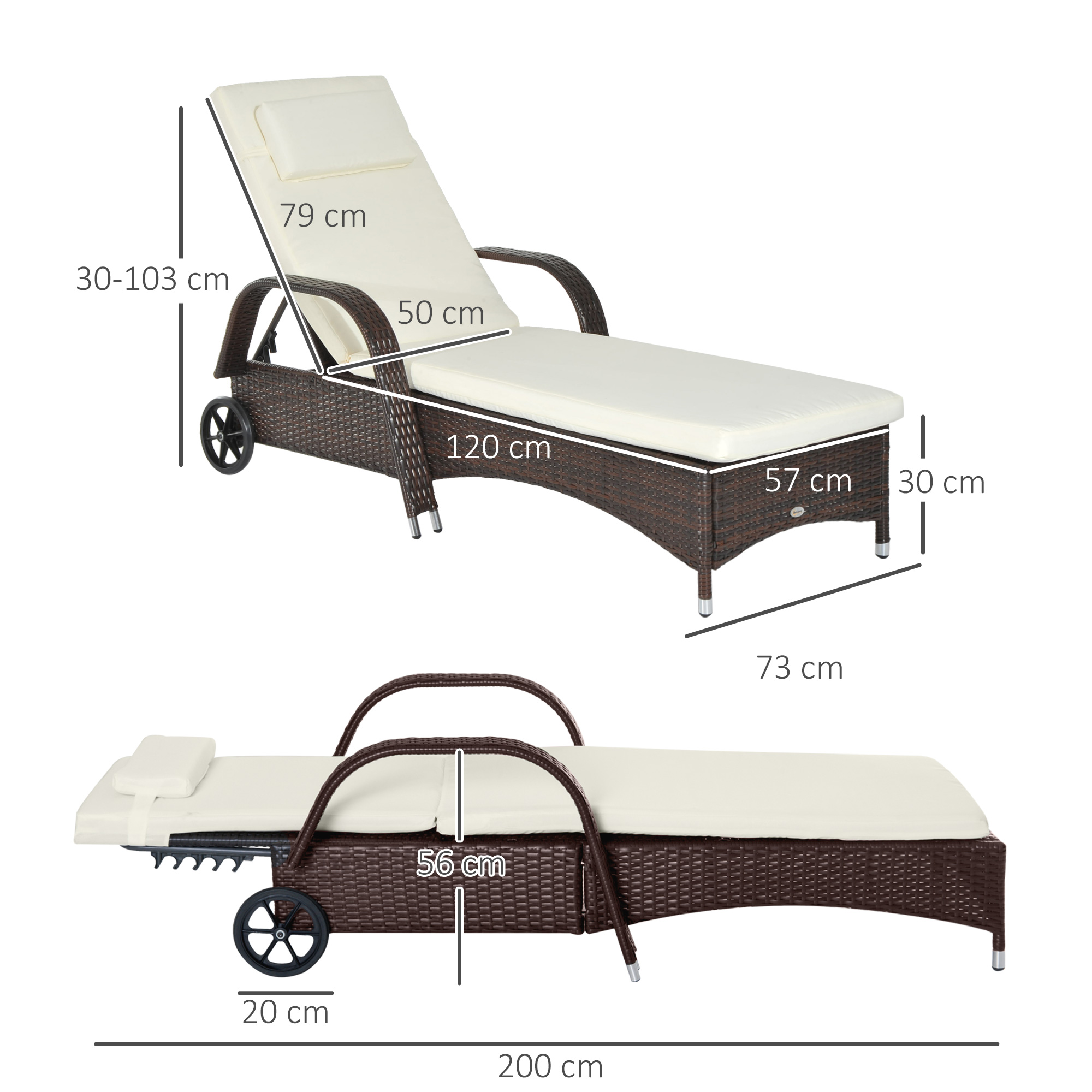 Sonnenliege Polyrattan Gartenliege mit 5-Fach verstellbarer Rücklehne, Polsterauflage, Rollen, Kissen, 160 kg belastbar Relaxliege Liegestuhl für Garten, 200x73x30-103cm, Kaffeebraun