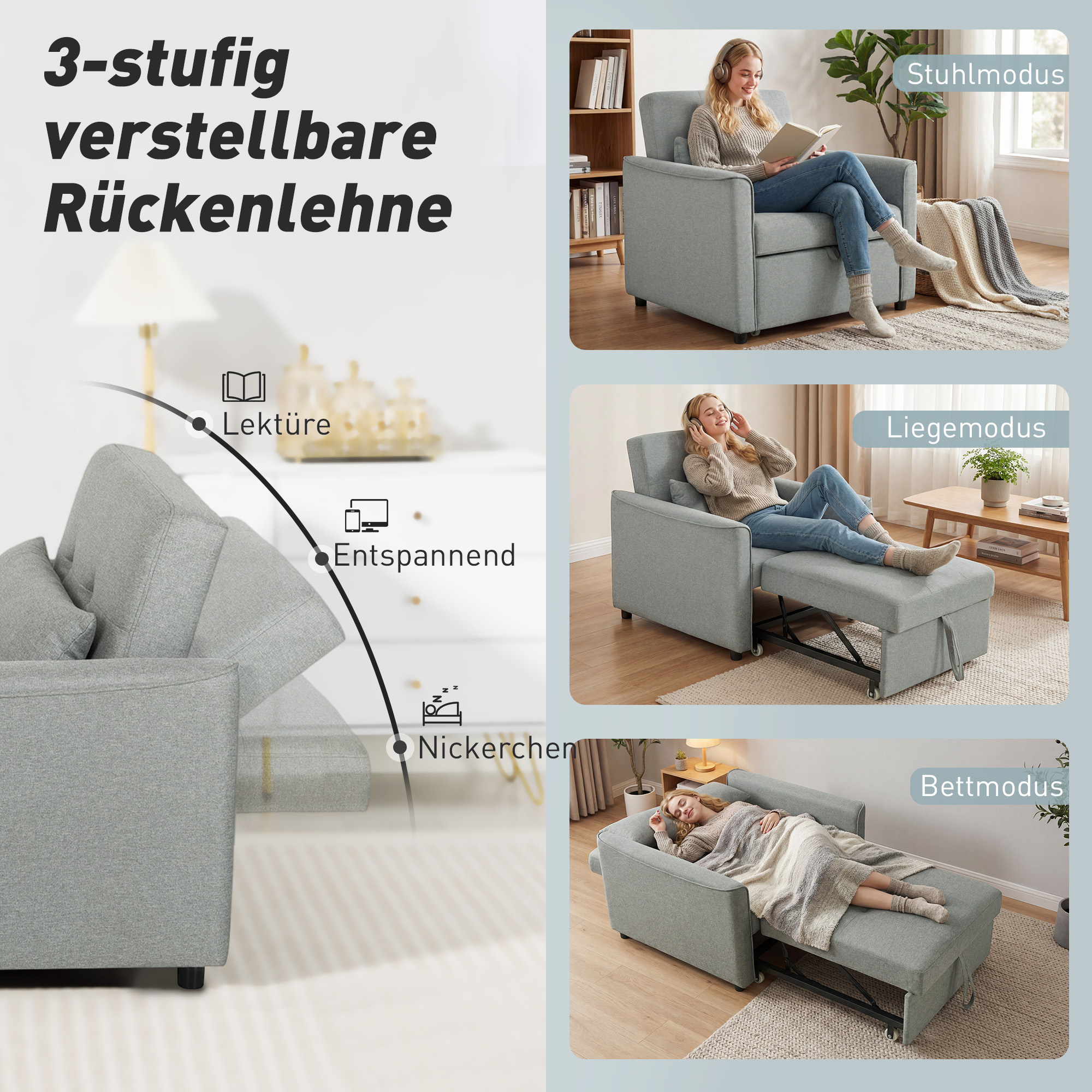 3-in-1 Schlafsessel, Ausziehbarer Sofa-Bett Sessel mit Verstellbarer Rückenlehne, Grau