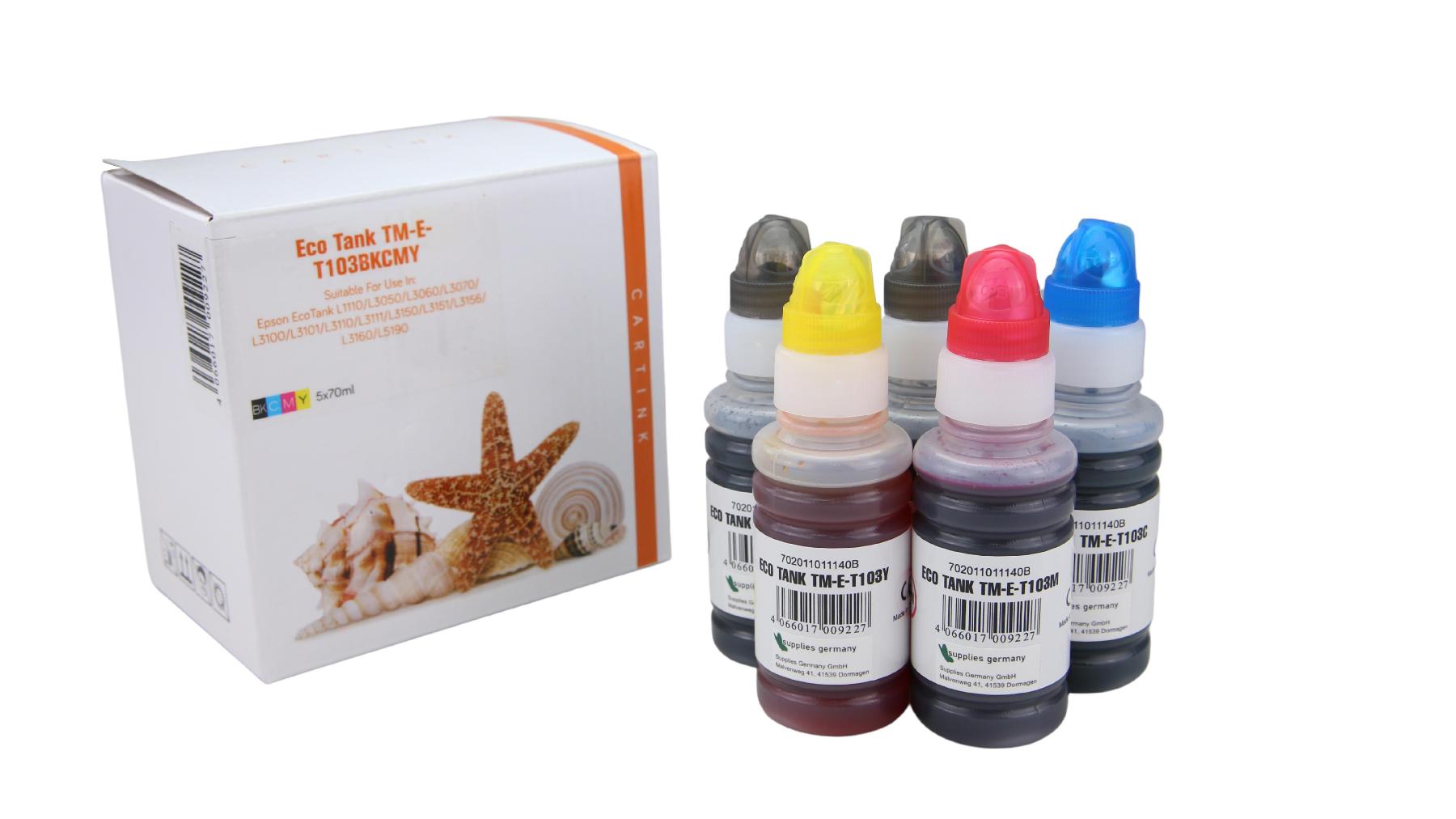 Multipack T103 alternativ Eco Tank Nachfüllflasche für Epson / C13T00S14A44A / 2x schwarz  CMY / 70ml