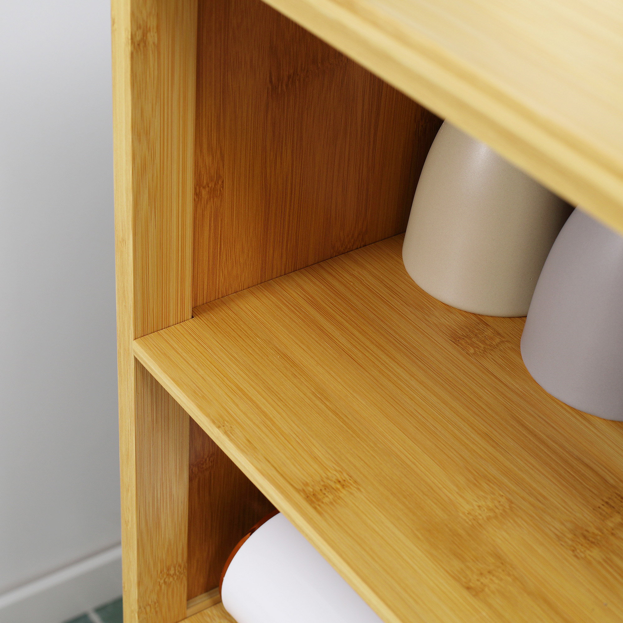 Badezimmerschrank aus Bambus, mit Lamellentüren, 2 Regale, 1 Schrank, 50 cm x 29 cm x 92 cm, Natur