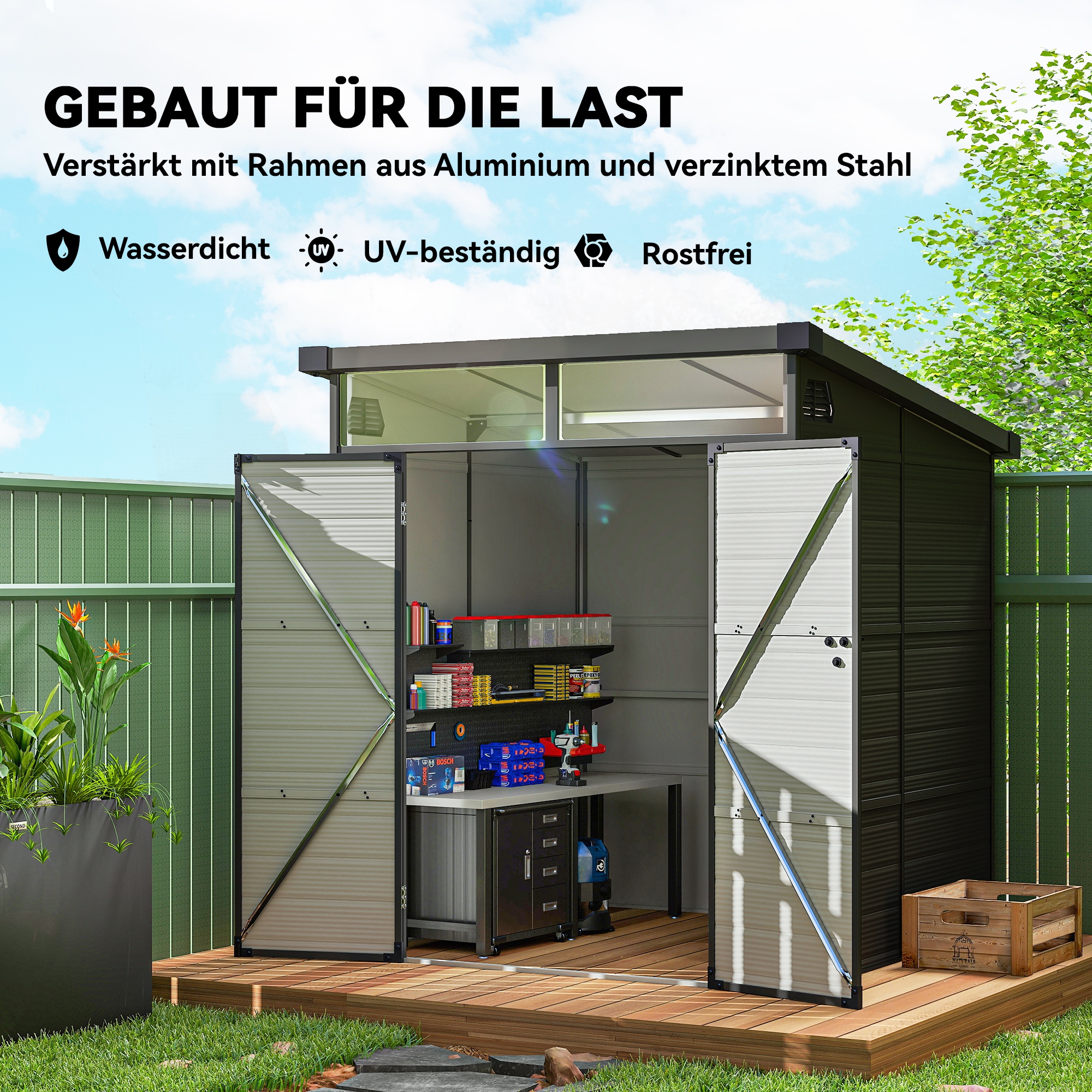 1,9 x 1,9  m Gartenschuppen, Werkzeugschuppen aus Kunststoff , verschließbare Türen, 2 Lüftungsöffnungen, Dunkelgrau