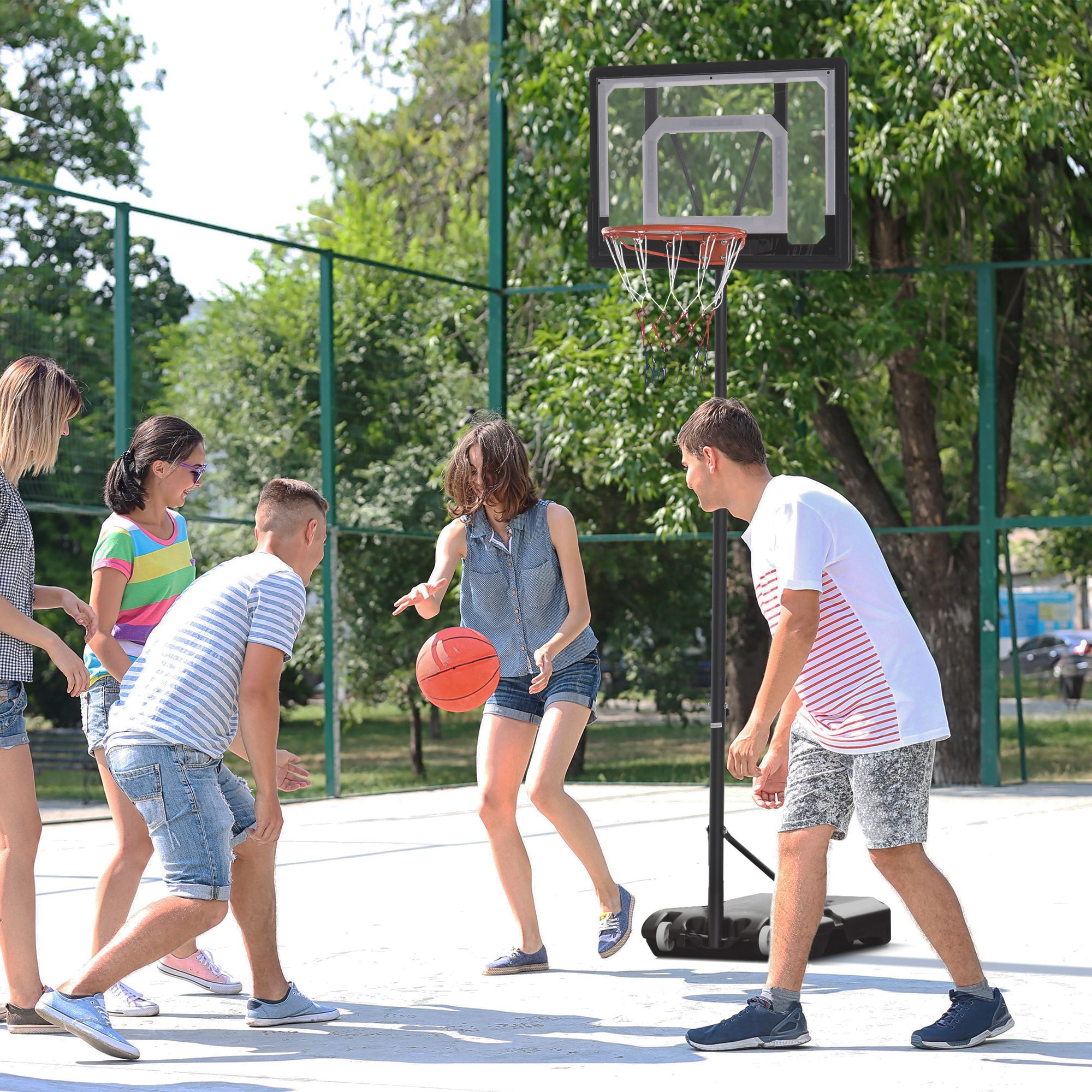 Basketballständer mit Rollen 83x55cm Rückwand, Mobiler Basketballkorb mit Ständer, verstellbare Korbhöhe 156 bis 210 cm, Basketballanlage für Kinder Jugendliche, fürs Außenbereich