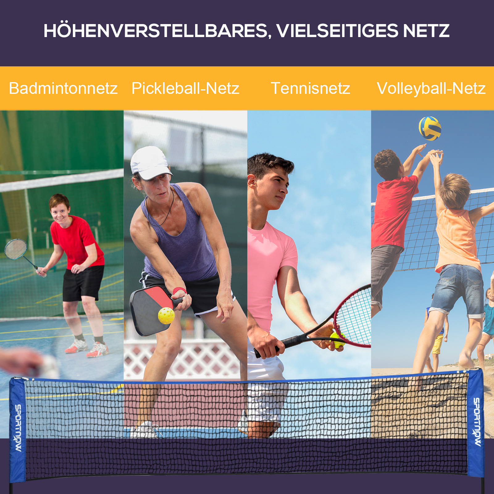 Badmintonnetz, höhenverstellbar, faltbar, mit Tragetasche, 3,10m, Schwarz/Blau