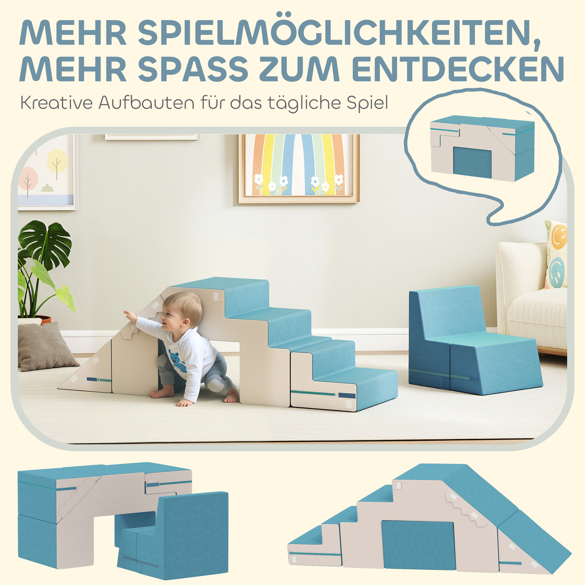 2-teiliges weiches Spielblöcke-Set für Kleinkinder, Kunstleder, Schaumstoff, zum Klettern, Bauen, Spielen, Beige+Blau