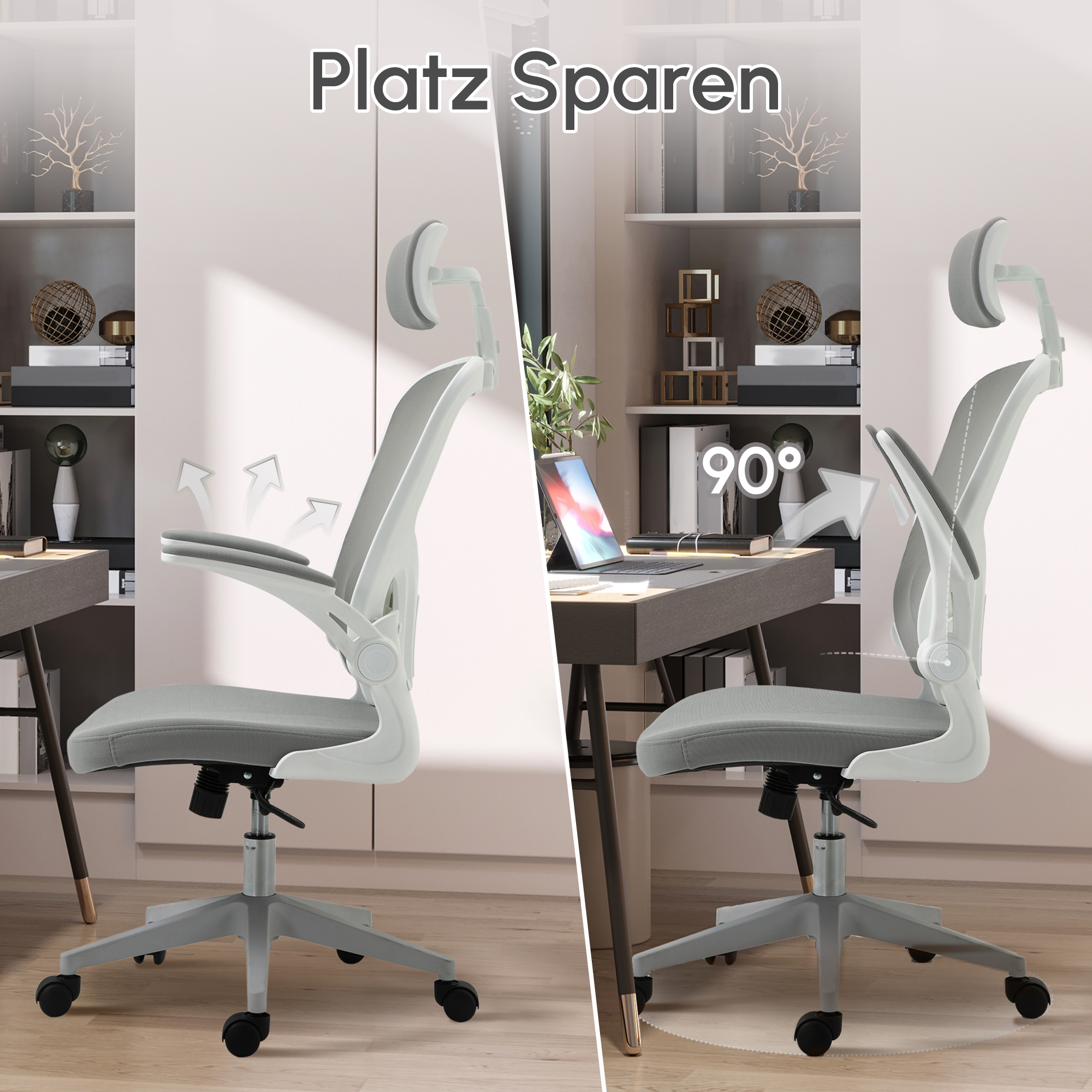 Bürostuhl ergonomischer Shreibtischstuhl mit Wippfunktion hoher Rückenlehne Lendenwirbelstütze Kopfstütze hochklappbarem Arm Home-Office Grau 65 x 64 x 114-122 cm
