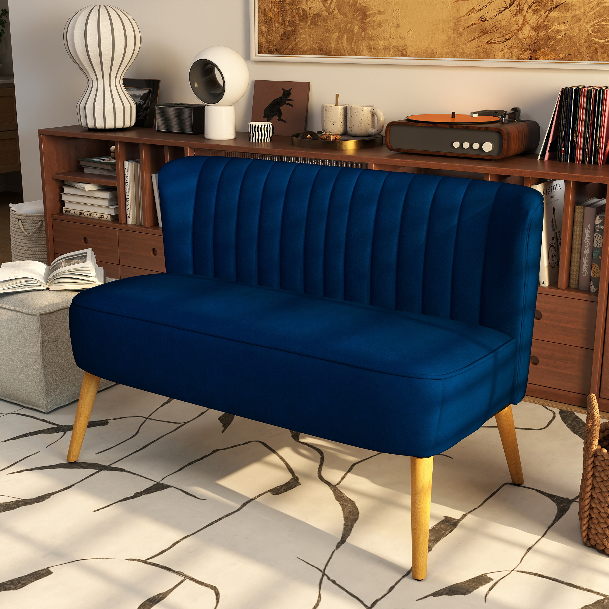 Sofa Retrodesign 2-Sitzer-Sofa, Holzbeine, 117 cm x 56,5 cm x 77 cm, Blau