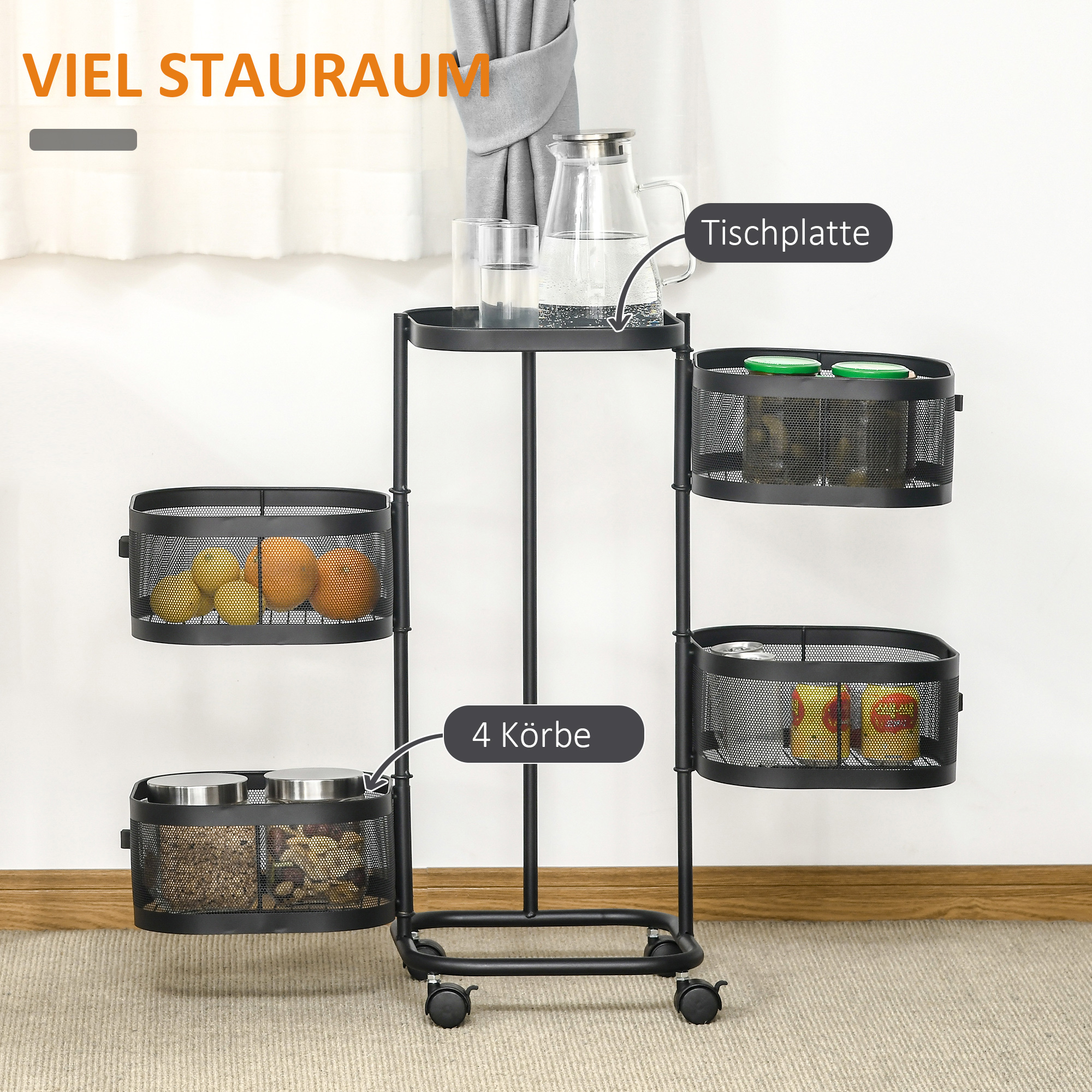 Servierwagen mit 4 Ebenen drehbar Küchenwagen mit Rollen Drahtkorb Rollwagen mit oberen Regal 33x33x77 cm Schwarz