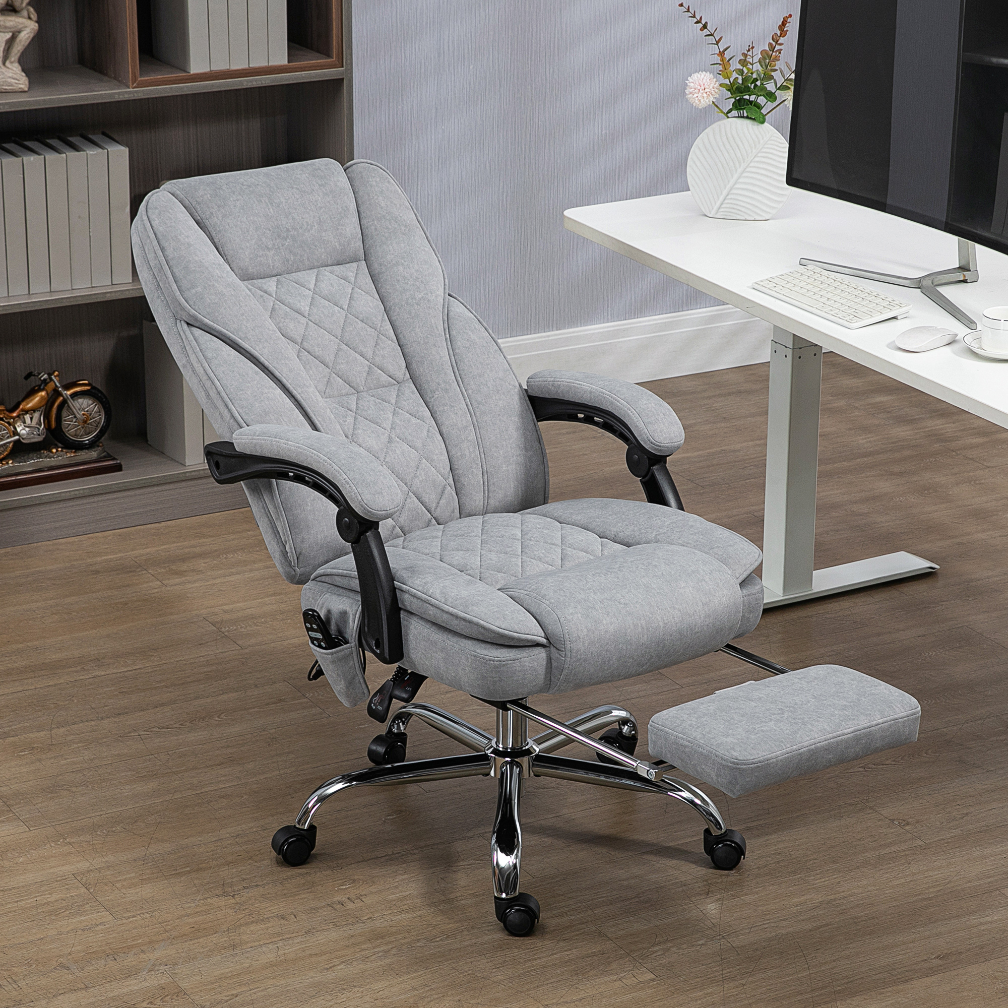 Ergonomischer Bürostuhl mit Massagefunktion, Fußstütze, drehbar, rollbar, Grau