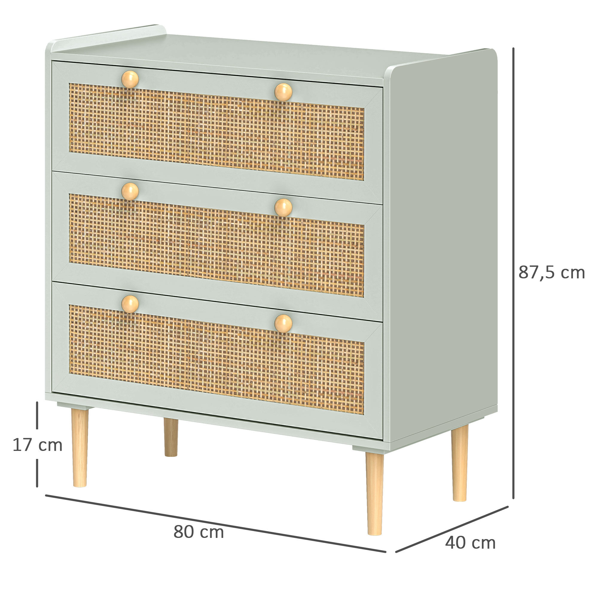 Schlafzimmer-Kommode mit 3 Schubladen, Rattan-Fronten, Kleiderkommode für Flur, Eingangsbereich, MDF, Grün