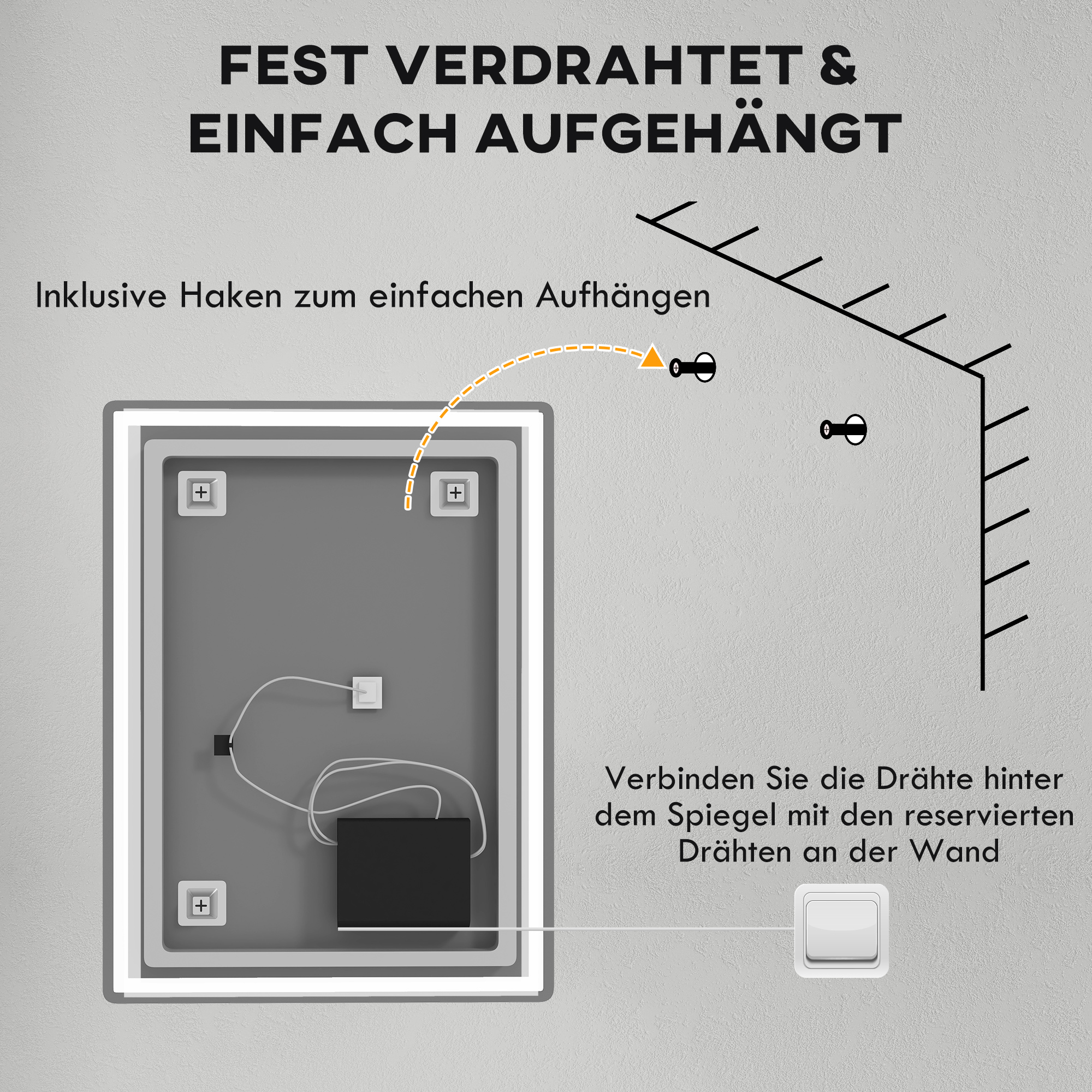 Badspiegel Badezimmerspiegel Wandspiegel LED´s, Ber, gsschalter, Antibeschlagfunktion, 60 x 80 x 4 cm, Weiß