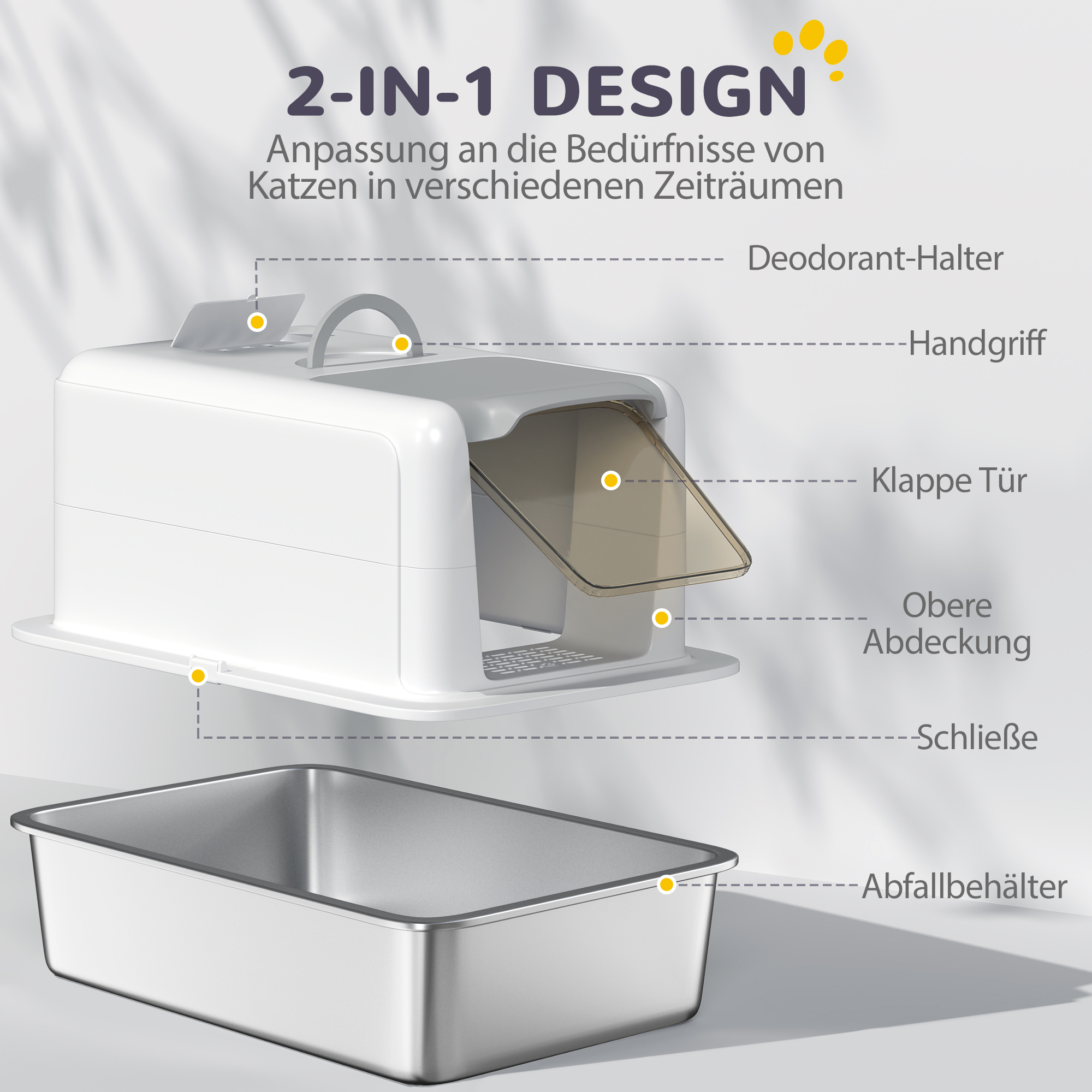 Katzentoilette, Wanne aus Edelstahl, Filter, Schaufel, für Katzen bis 6 kg, 40,5 x 60,5 x 41,5 cm, Weiß/Silber