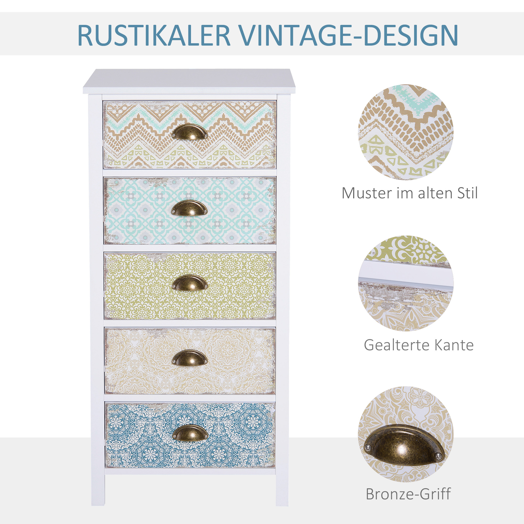 Kommode Schubladenkommode Siedeboard, Modern-Design, 5 Schubladen, 46 cm x 34 cm x 97,5 cm, Bunt