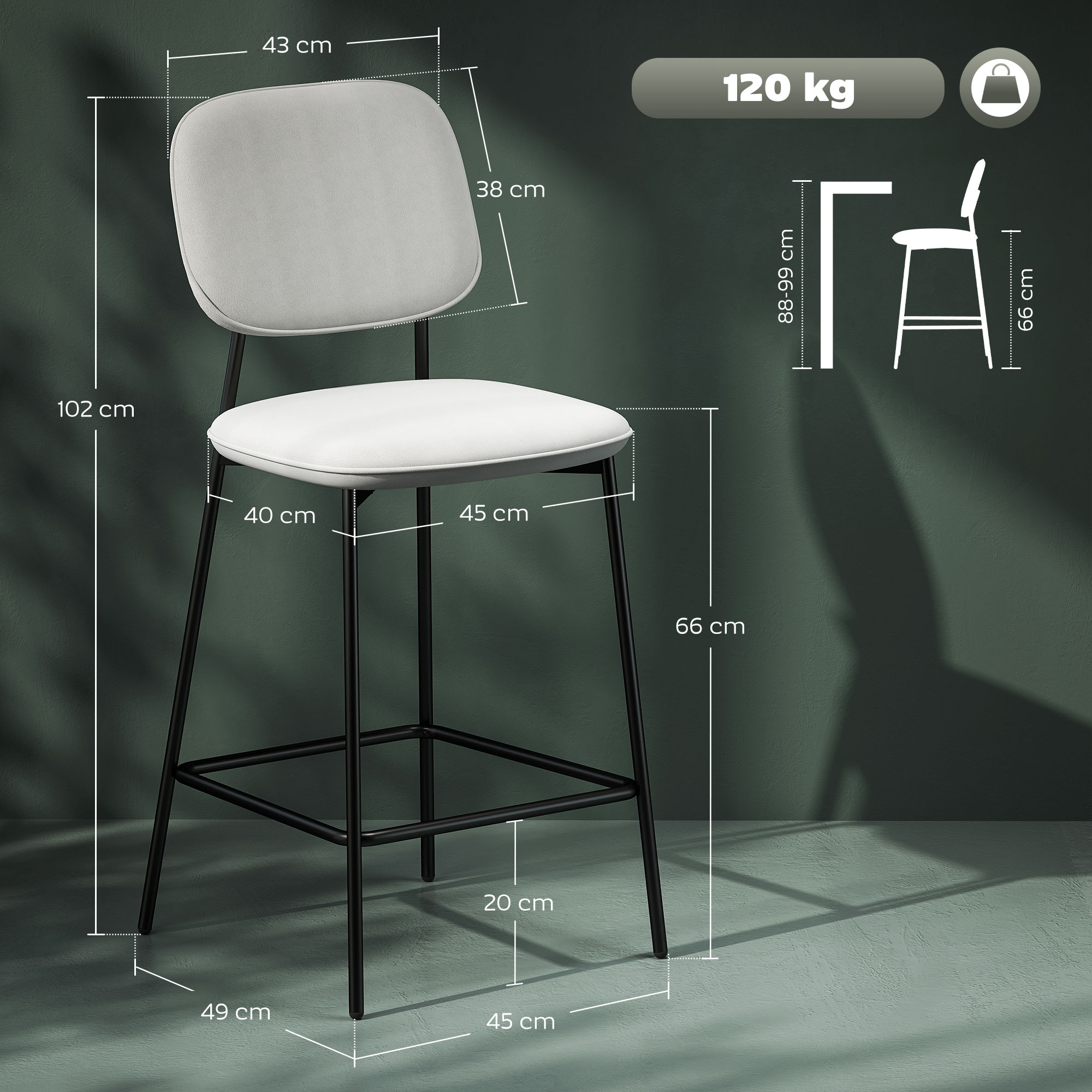 2er-Set Barhocker, Bistrohocker mit Fußstütze, Samt-Bezug, Stahlbeinen, für Esszimmer, 45 x 49 x 102 cm, Hellgrau