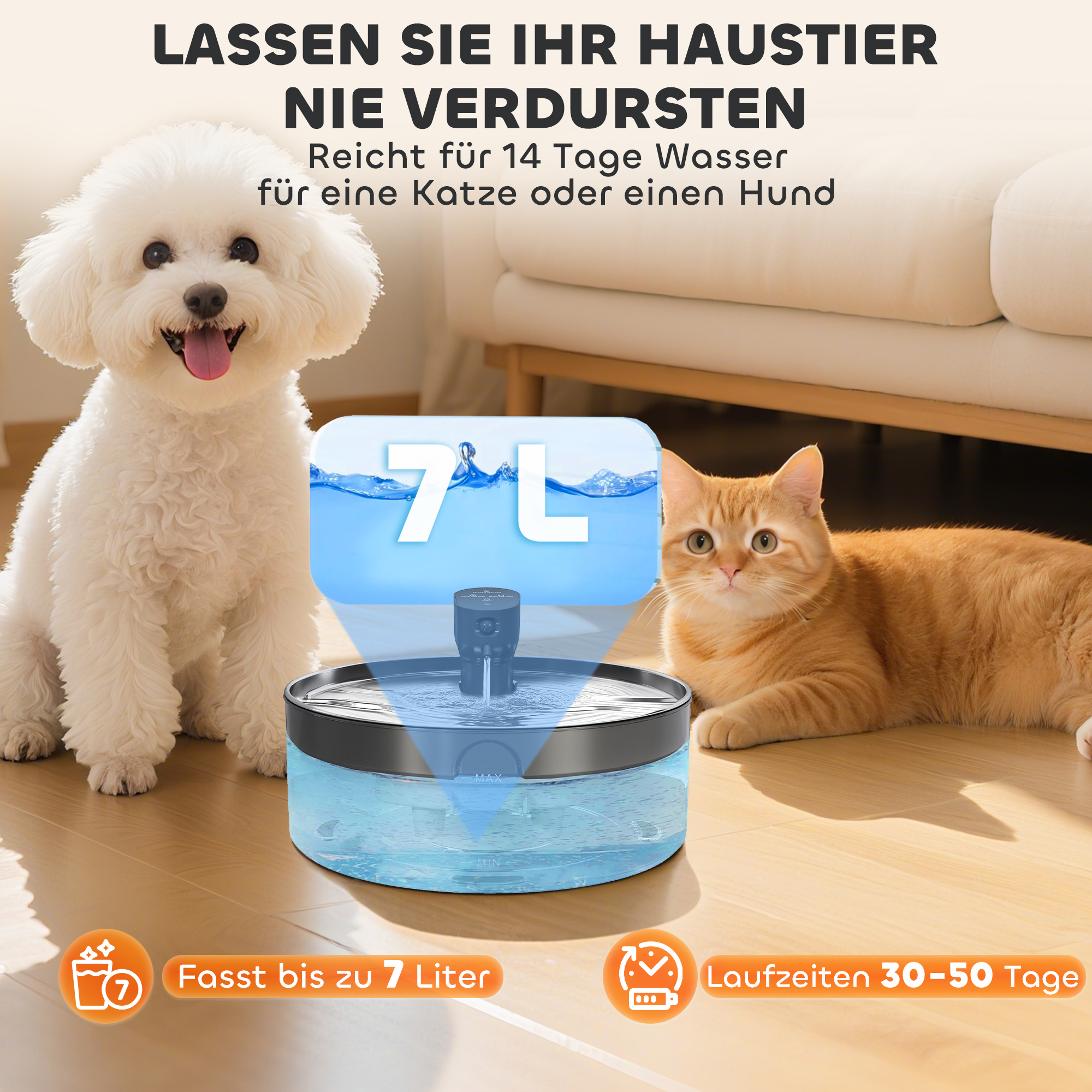 Katzenbrunnen 7L Trinkbrunnen für Katzen mit leiser Pumpe LED Aktivkohlefilter Edelstahl 30,6 x 30,6 x 17,2 cm