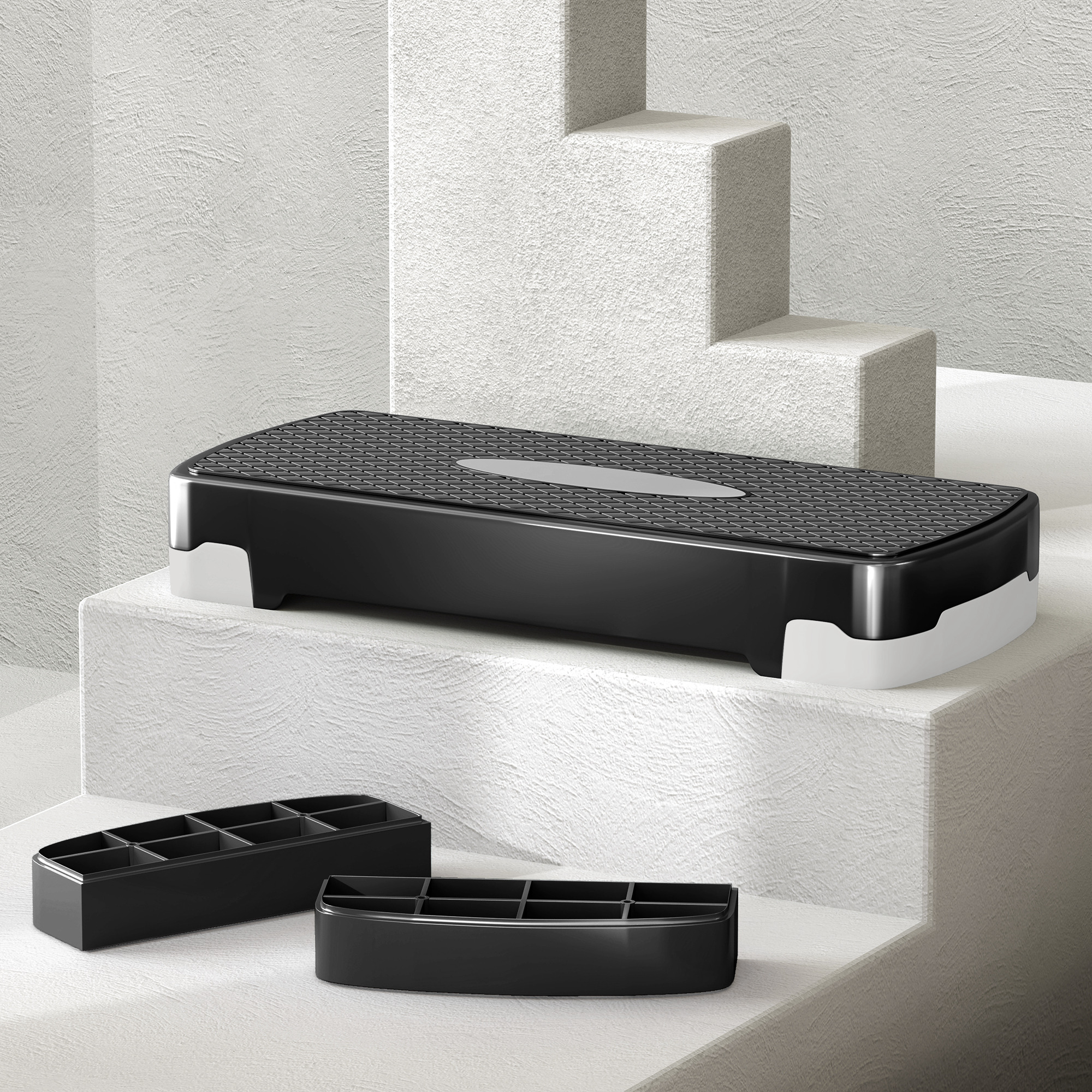 Steppbrett Aerobic Stepper 2-Stufig Höhenverstellbar 10-15cm, Rutschfest Fitness Stepper, Mini Steppbrett für Zuhause Heim Büro, Schwarz+Grau