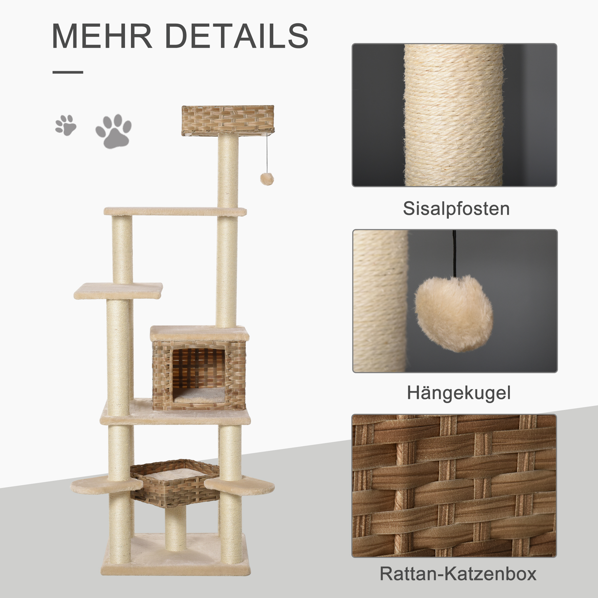 Rattan Kratzbaum mit Katzenhöhle Mehrstufiger Katzenbaum Kletterbaum für Katzen E1 MDF Sisal Beige+Braun 55 x 55 x 174 cm