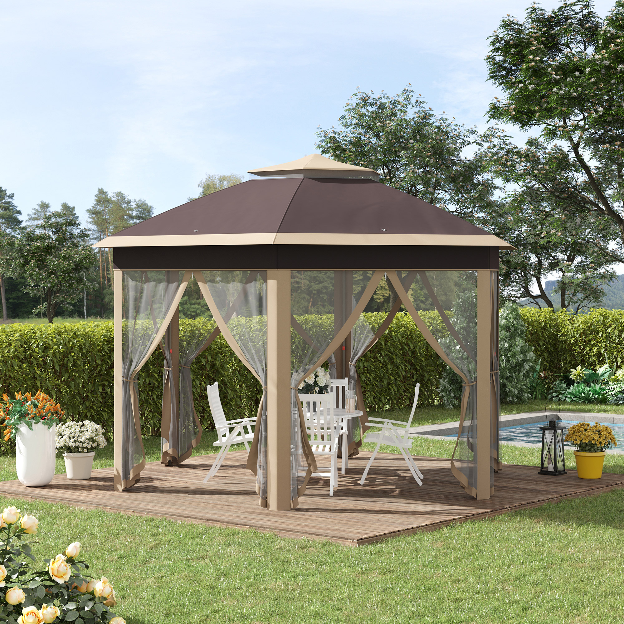 Pavillon 4x4m Wasserdicht Pop-up sechseckiger Faltpavillon, Doppeldach, Gartenpavillon mit 6 Seitenteilen, Partyzelt inkl. Tragetasche, für Garten, Terrasse, Festival, Beige+Khaki