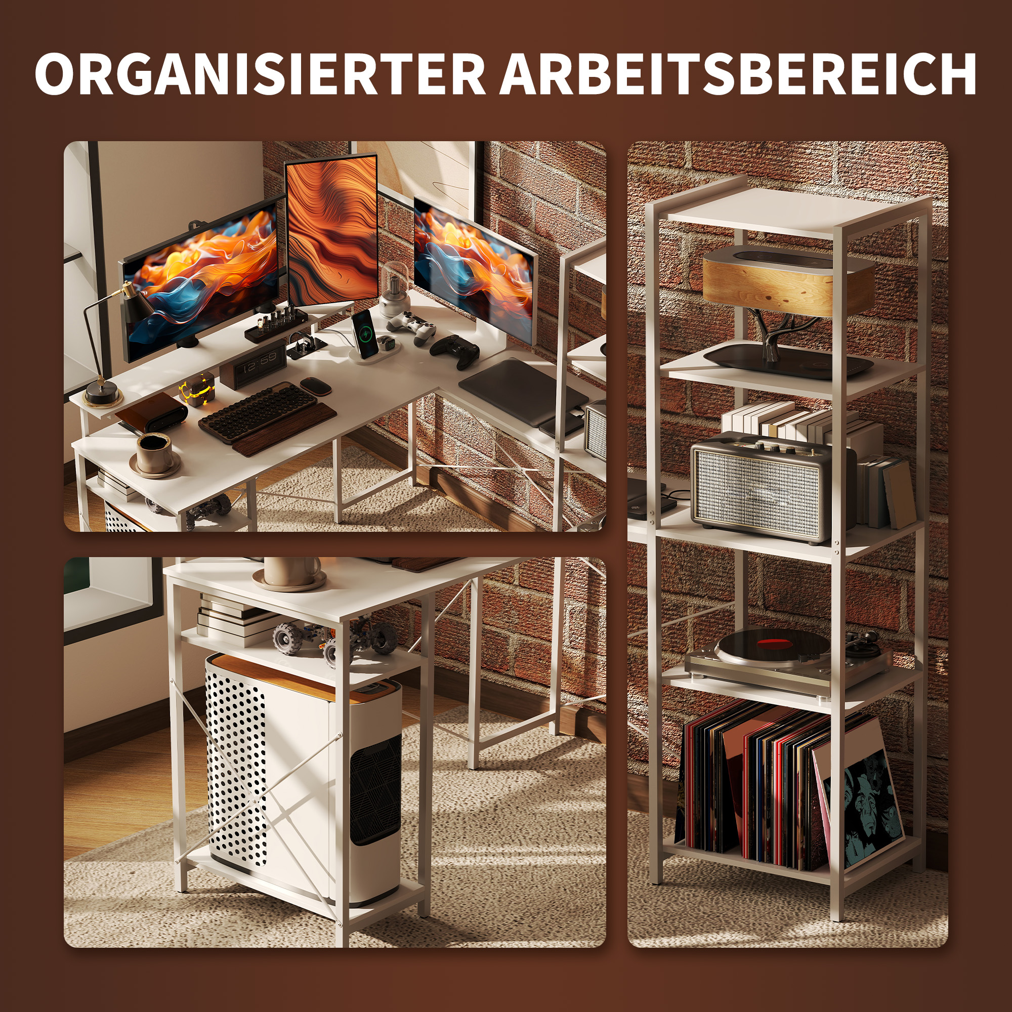L-förmiger Schreibtisch mit Ladestation, Eck-Computertisch mit Monitorständer und Regalen, für Homeoffice, Büro, Weiß