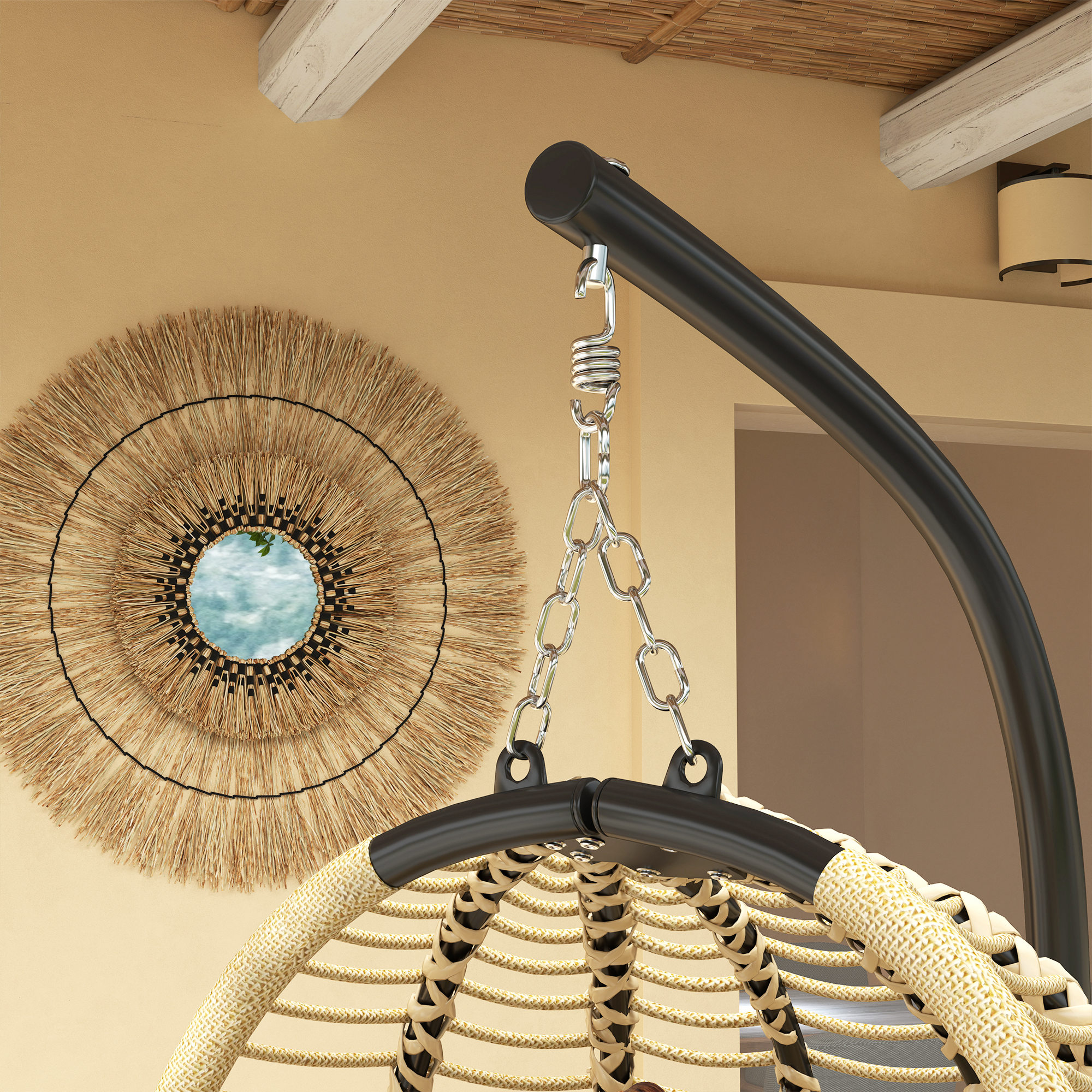 Hängesessel mit Gestell, Faltbar Eiförmiger Hängeschaukel mit waschbarem Sitz Becherhalter Sicherheitsseil Beige