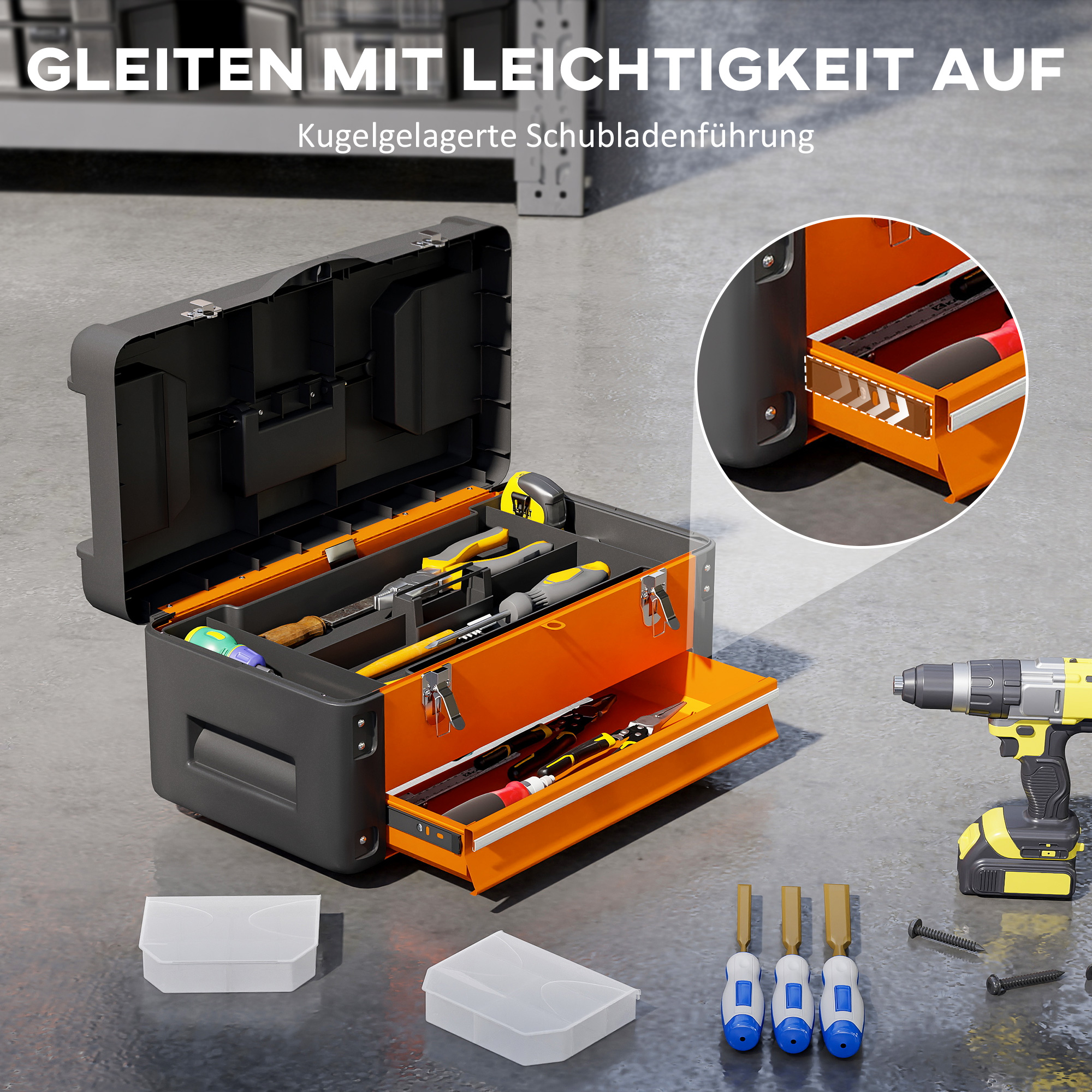 Werkzeugkiste leer, 49,7 x 25,3 x 23 cm Werkzeugkasten mit Schublade, Mini-Box Stahl Orange