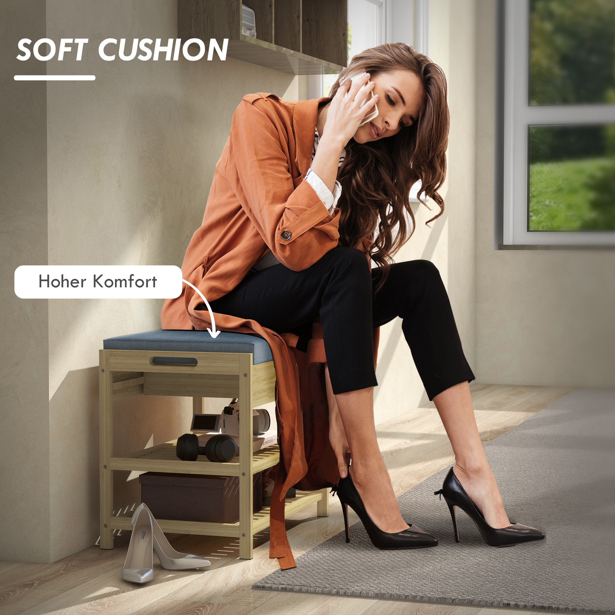 Schubank Schuhregal, 2 Ablagen, Sitzpolster, Bambus, 55 cm x 35 cm x 46 cm, Grau + Natur