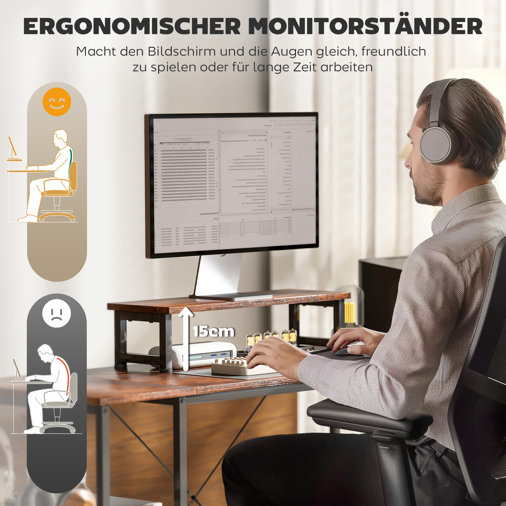 L-förmiger Schreibtisch, Vielseitiger Bürotisch mit einstellbaren Regalen und Aufbewahrungstasche, Monitorständer, Braun