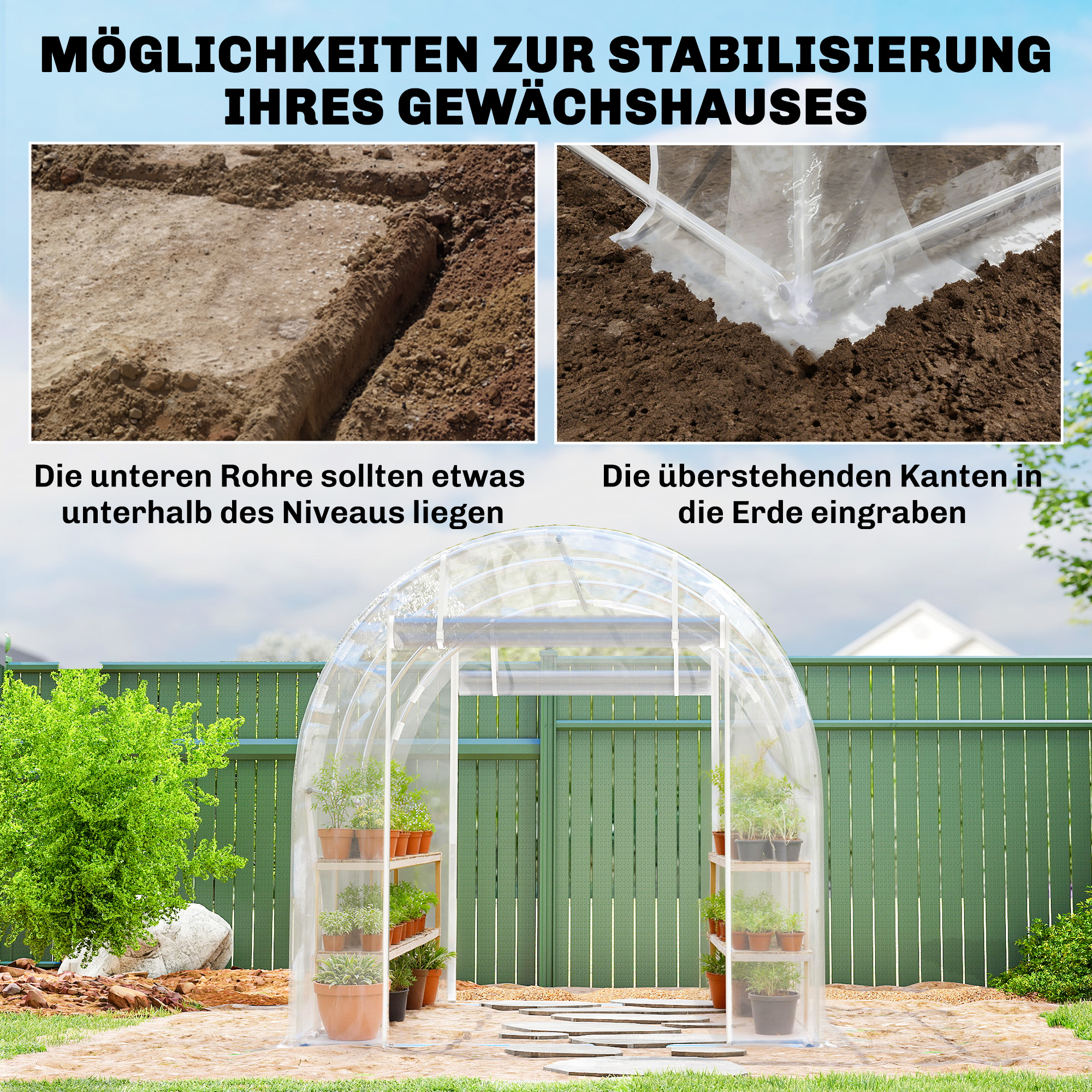 Polytunnel-Gewächshaus, begehbares Gewächshaus mit verzinktem Stahlrahmen und UV-beständiger PE-Abdeckung, transparent