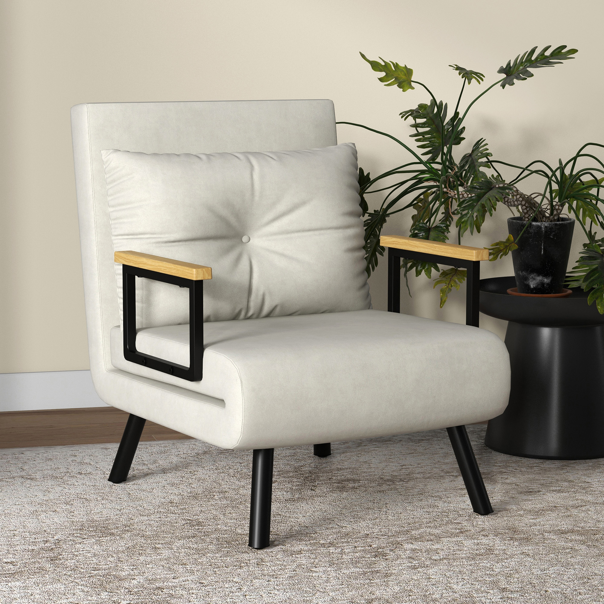 Relaxsessel im Skandidesign, Liegesessel, Lesesessel. ink. Kissen mit Knopfhefung, Cremeweiß